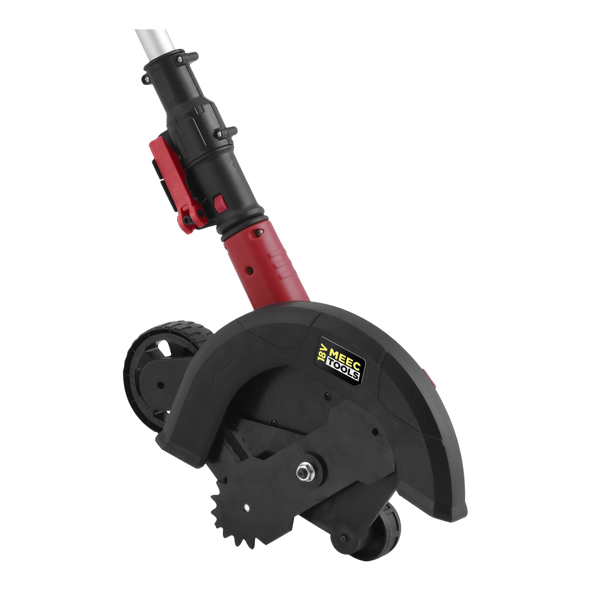 Närbild på den röda och svarta batteridrivna kanttrimmern från Meec Tools Multiseries, som visar dess bladskydd, hjul och varumärkeslogotyp på sidan.