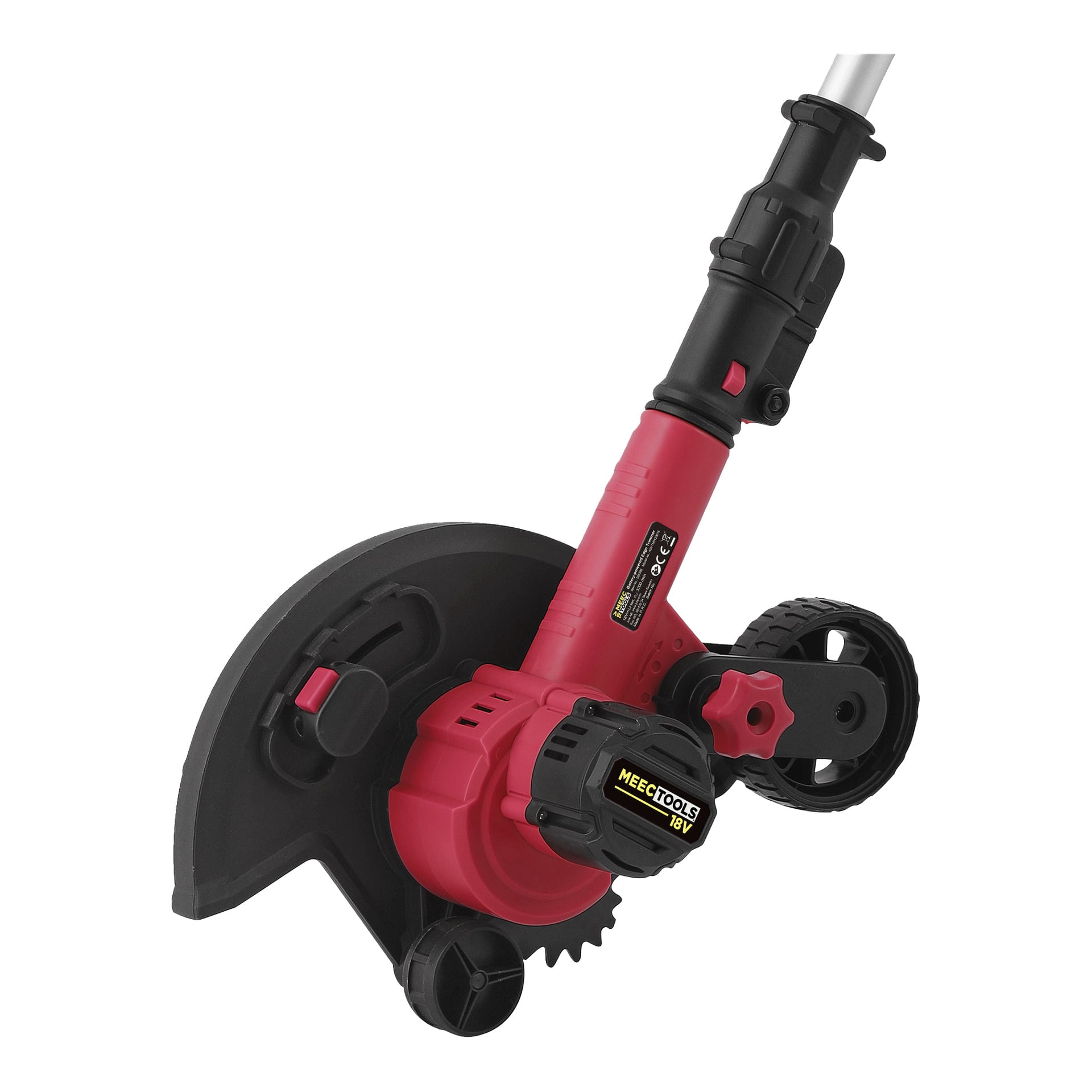 En batteridriven kanttrimmer i rött och svart, med skyddande sköld och hjul. Handtaget och en del av axeln syns, tillsammans med en etikett som lyder Meec Tools Multiseries 18V.