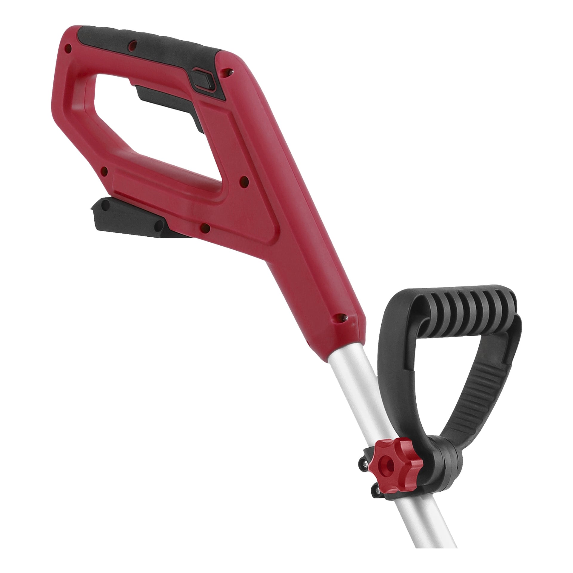 Detaljerad vy av det röda och svarta handtaget, med ett extra svart grepp fäst vid metallskaftet på Meec Tools Multiseries sladdlösa kanttrimmer.