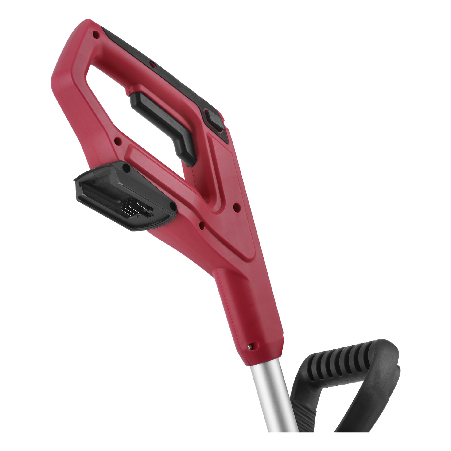 Närbild av Meec Tools Multiseries batteridrivna kanttrimmer, som framhäver dess bekväma röda och svarta handtag med integrerad avtryckare, ansluten till en metallaxel. Ett sekundärt svart handtag kan ses längre ner på stången.