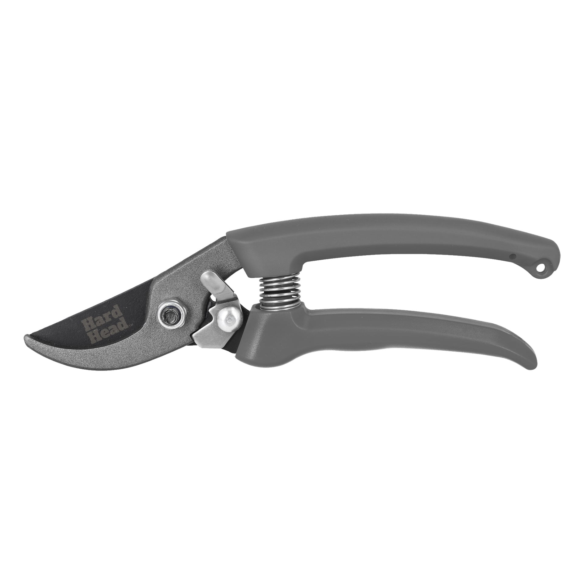 En närbild på en grå Hard Head Secateurs med böjd blad, fjädermekanism och ergonomiska handtag.