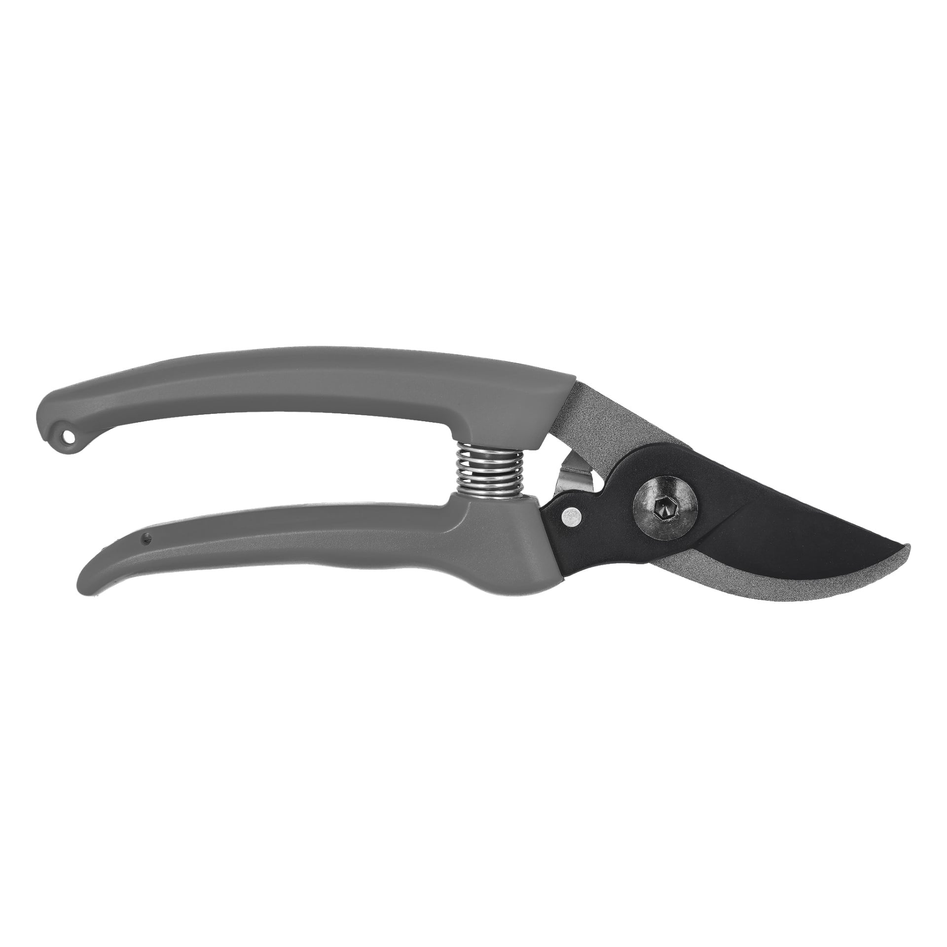 En närbild på Hard Head Secateurs med grått handtag, synlig metallfjäder och svart skärblad. Verktyget visar namnet Hard Head på handtaget.