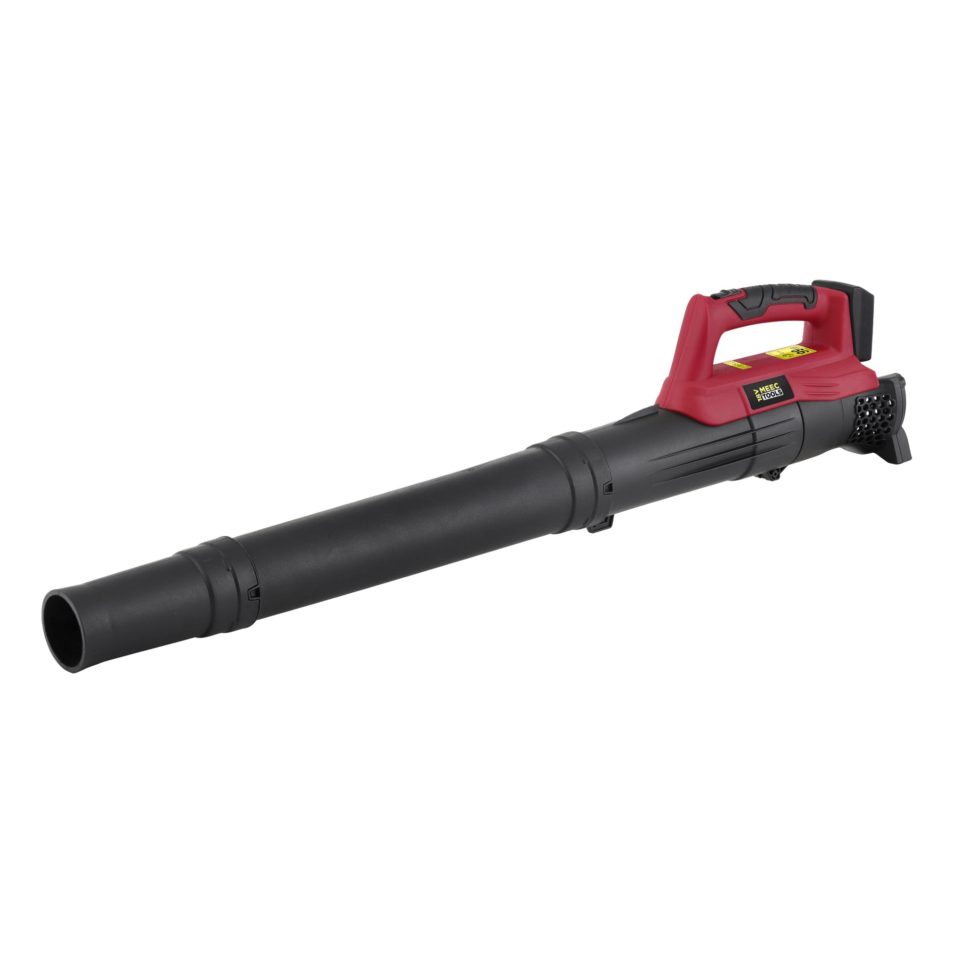 Meec Tools Multiseries LB-18V EASY 100 -paristokäyttöinen lehtipuhallin, jossa on musta ja punainen värimaailma, pitkä sylinterimäinen suutin ja kahva päällä.