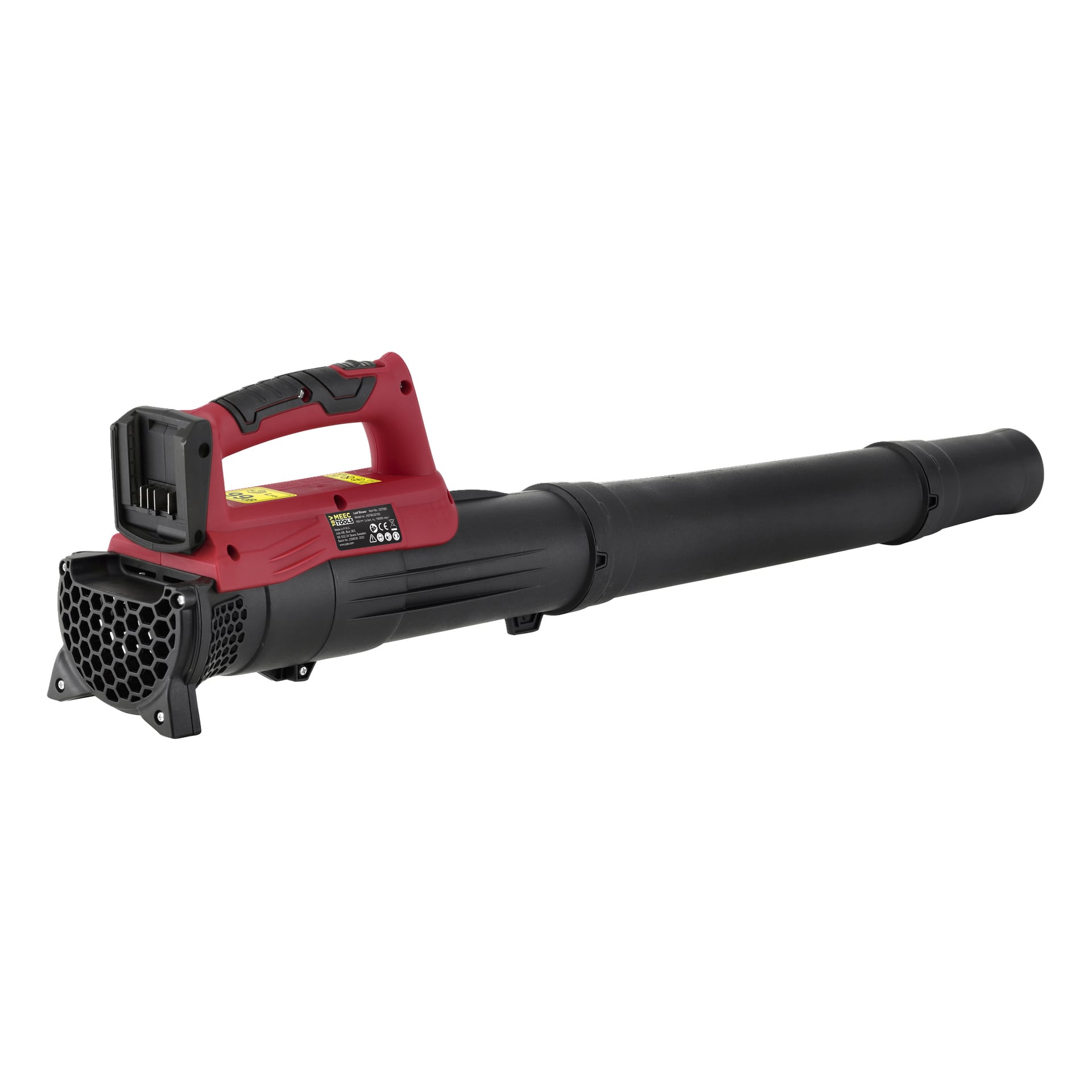 Meec Tools Multiseries LB-18V EASY 100 -paristokäyttöisessä lehtipuhallimessa on punainen kahva, musta putki, helposti saavutettava akkuaukko ja ilmanottoaukot, jotka sijaitsevat lähellä kahvaa.