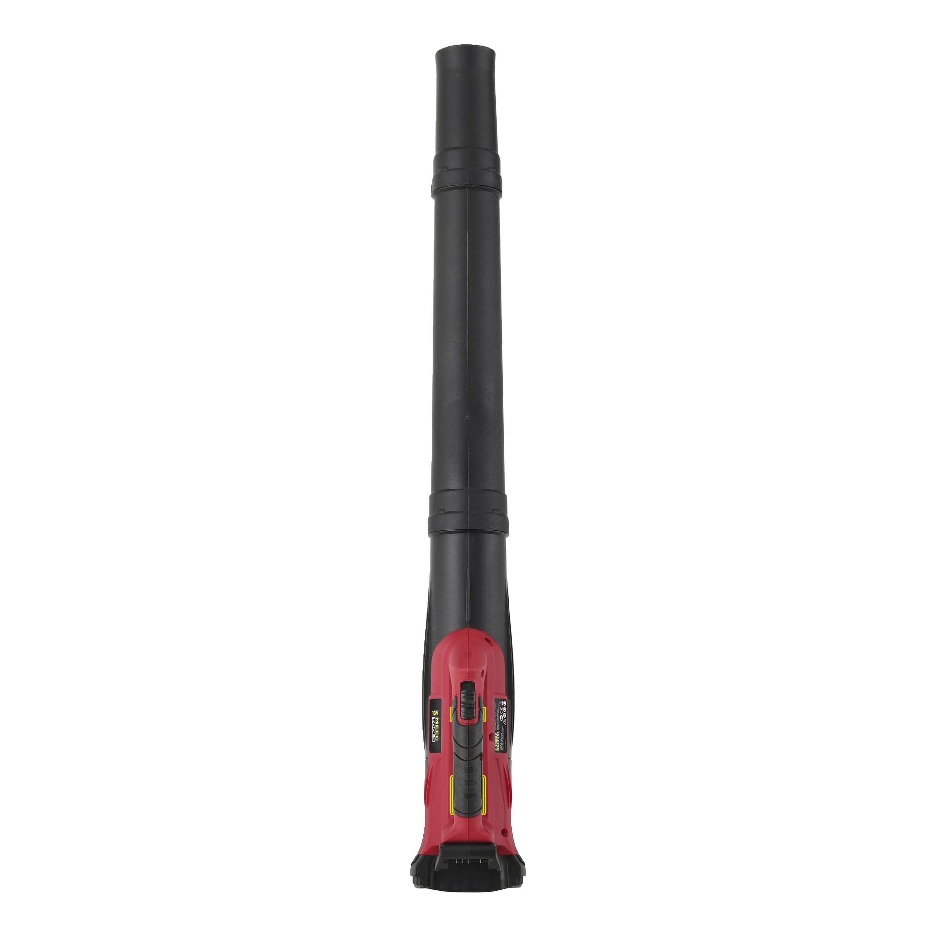 Meec Tools Multiseries LB-18V EASY 100 -paristokäyttöinen lehtipuhallin on punamusta muotoilu, joka näkyy pystyasennossa etunäkymästä. Keskelle sijoitettu kahva ja virtakytkin näkyvät, ja pitkä suutin osoittaa suoraan ylöspäin.