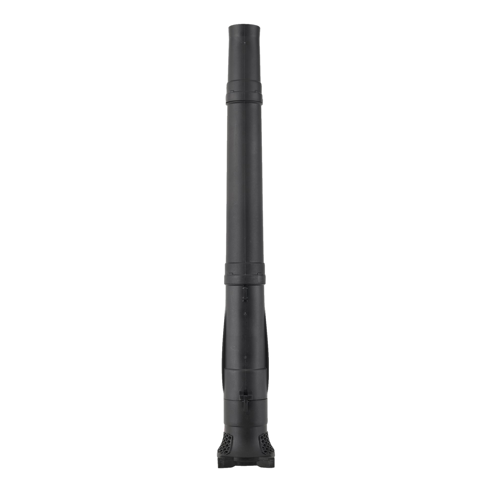 Musta muovinen suutinliitin Meec Tools Multiseries -paristokäyttöiselle lehtipuhaltimelle LB-18V EASY 100 seisoo pystyasennossa. Sylinterimäisessä suuttimessa on kaksi uurtettua osaa ja tuuletettu pohja.