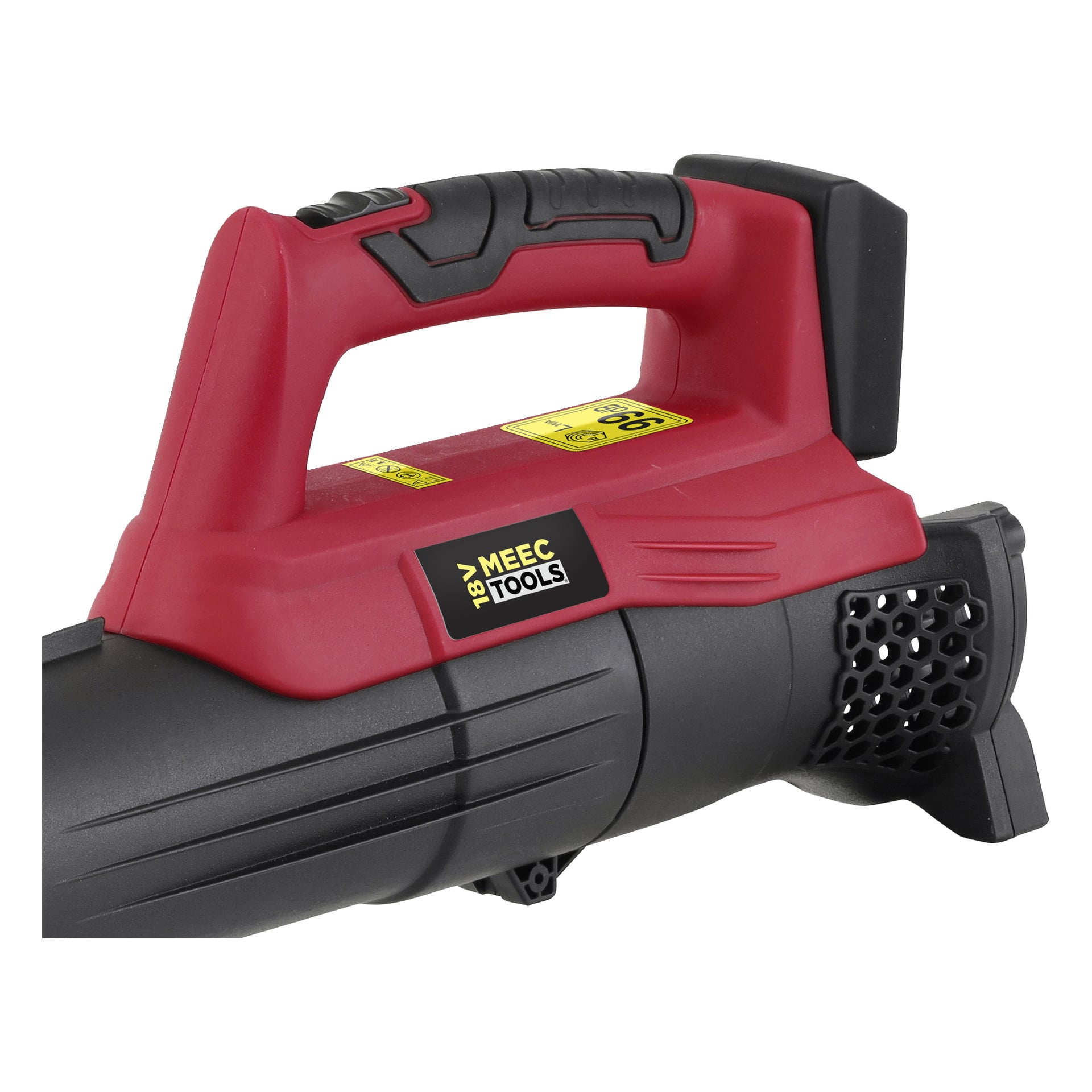 Yksityiskohtainen näkymä punamustasta Meec Tools Multiseries -paristokäyttöisestä lehtipuhaltimesta LB-18V EASY 100, jossa näkyy kahva, ilmanvaihto ja keltainen etiketti, jossa lukee 18V sivulla.