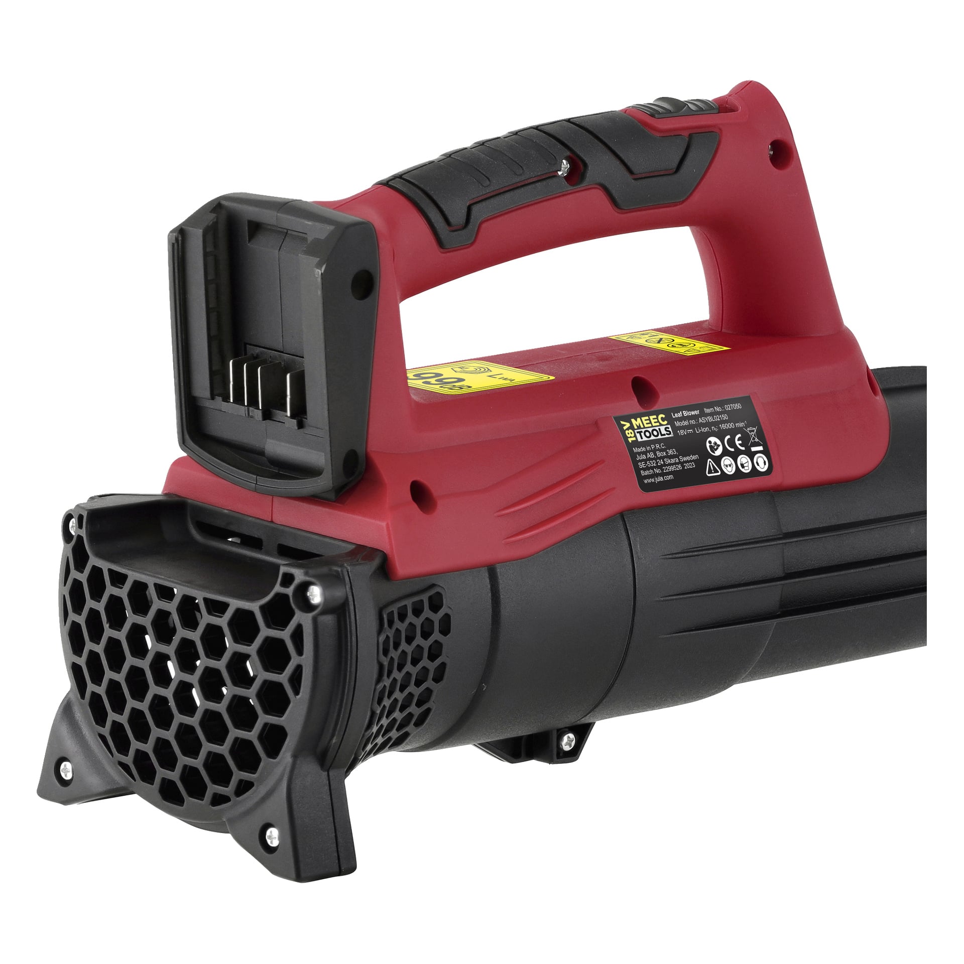 Punamusta Meec Tools Multiseries LB-18V EASY 100 -paristokäyttöinen lehtipuhallin, jossa on hunajakennotyylinen tuuletusaukko, ergonominen kahva, näkyvä aukko akulle sekä useita tuoteetikettejä ja varoitustarroja rungossa.