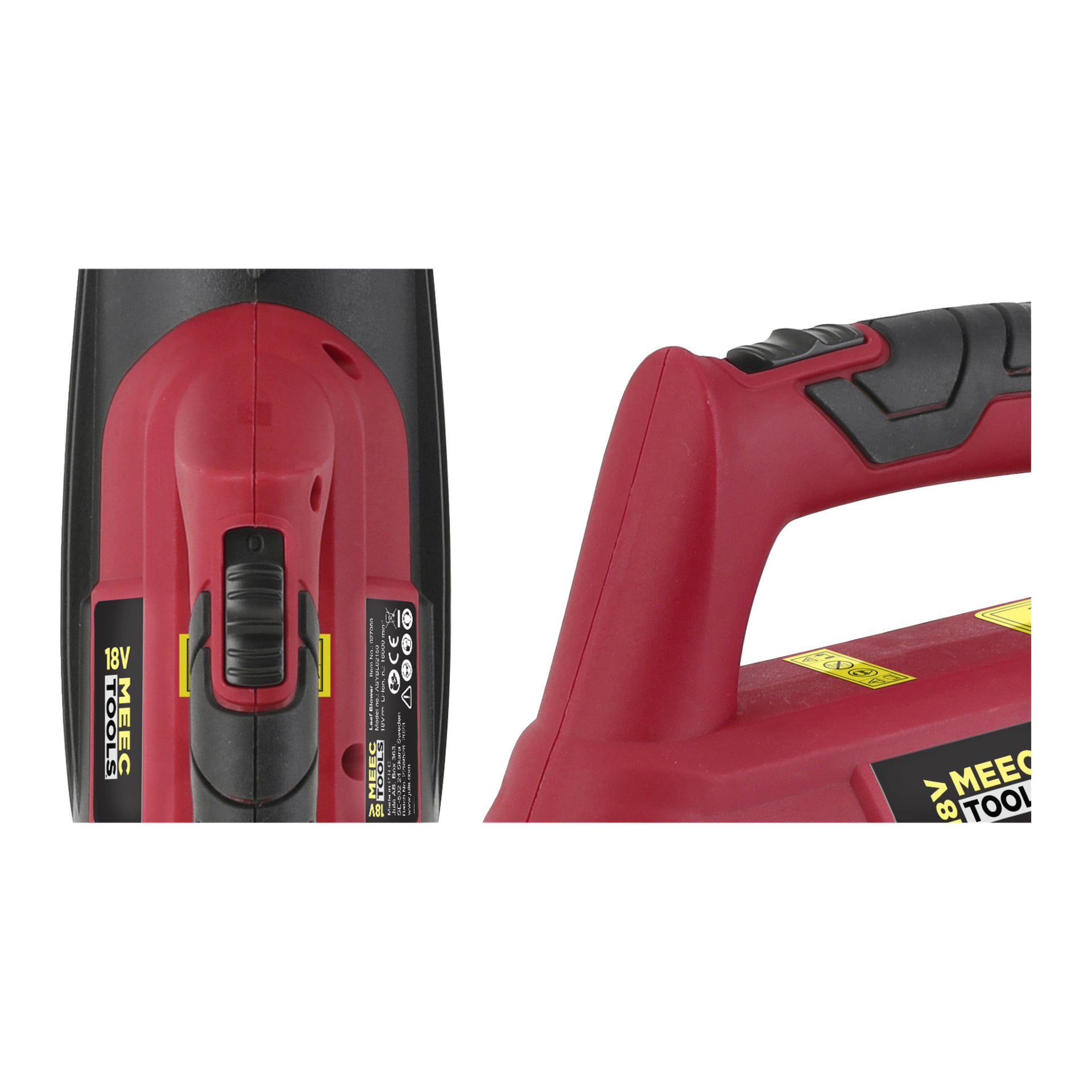 Yksityiskohtainen näkymä punamustasta LB-18V EASY 100 -paristokäyttöisestä lehtipuhaltimesta, keskittyen kahvaan, liipaisimeen ja turvamerkintöihin. Meec Tools Multiseries -brändi on näkyvissä. Laite toimii selvästi akkuvoimalla, kytkimet ja teksturoitu kahva näkyvät yksityiskohtaisesti.