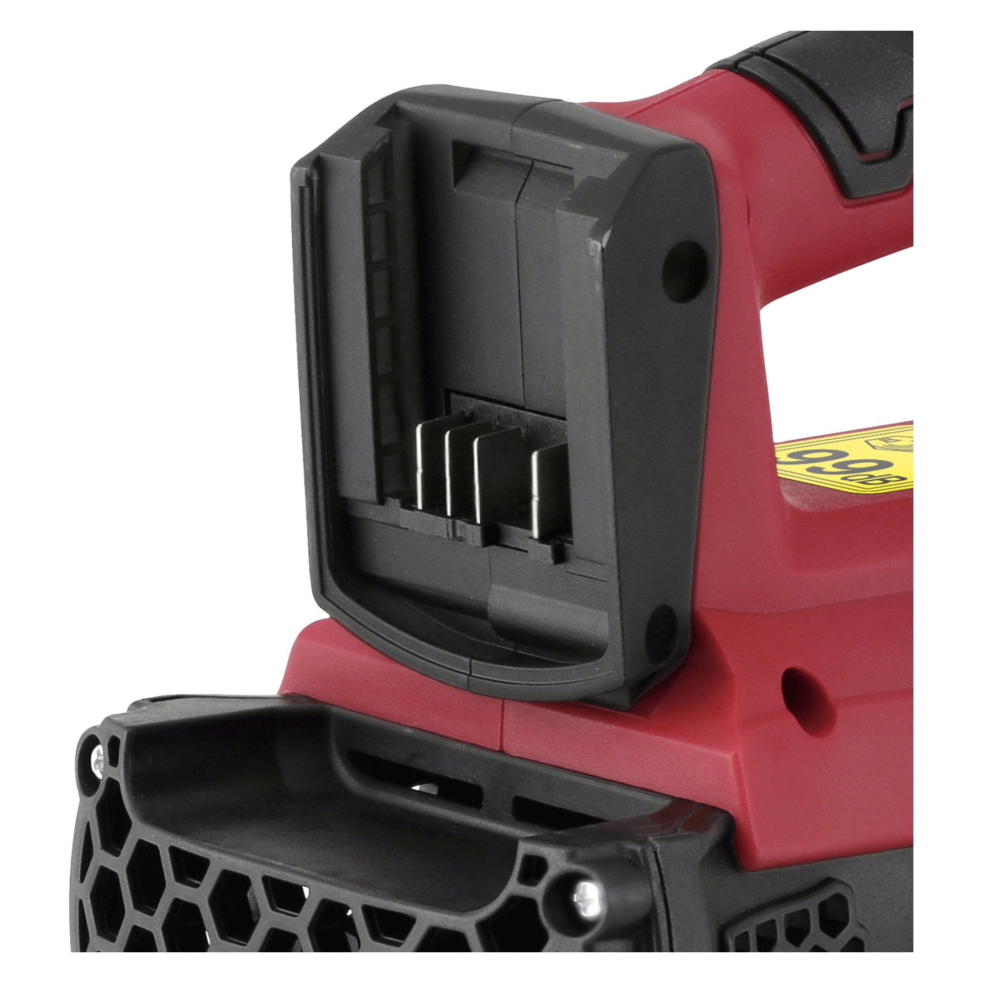 Yksityiskohtainen näkymä Meec Tools Multiseries LB-18V EASY 100 -paristokäyttöisestä lehtipuhaltimesta, keskittyen punamustaan paristokoteloon, jossa on näkyvät metalliliittimet. Osa kahvasta ja osa tuuletetusta rungosta on myös näytetetty.