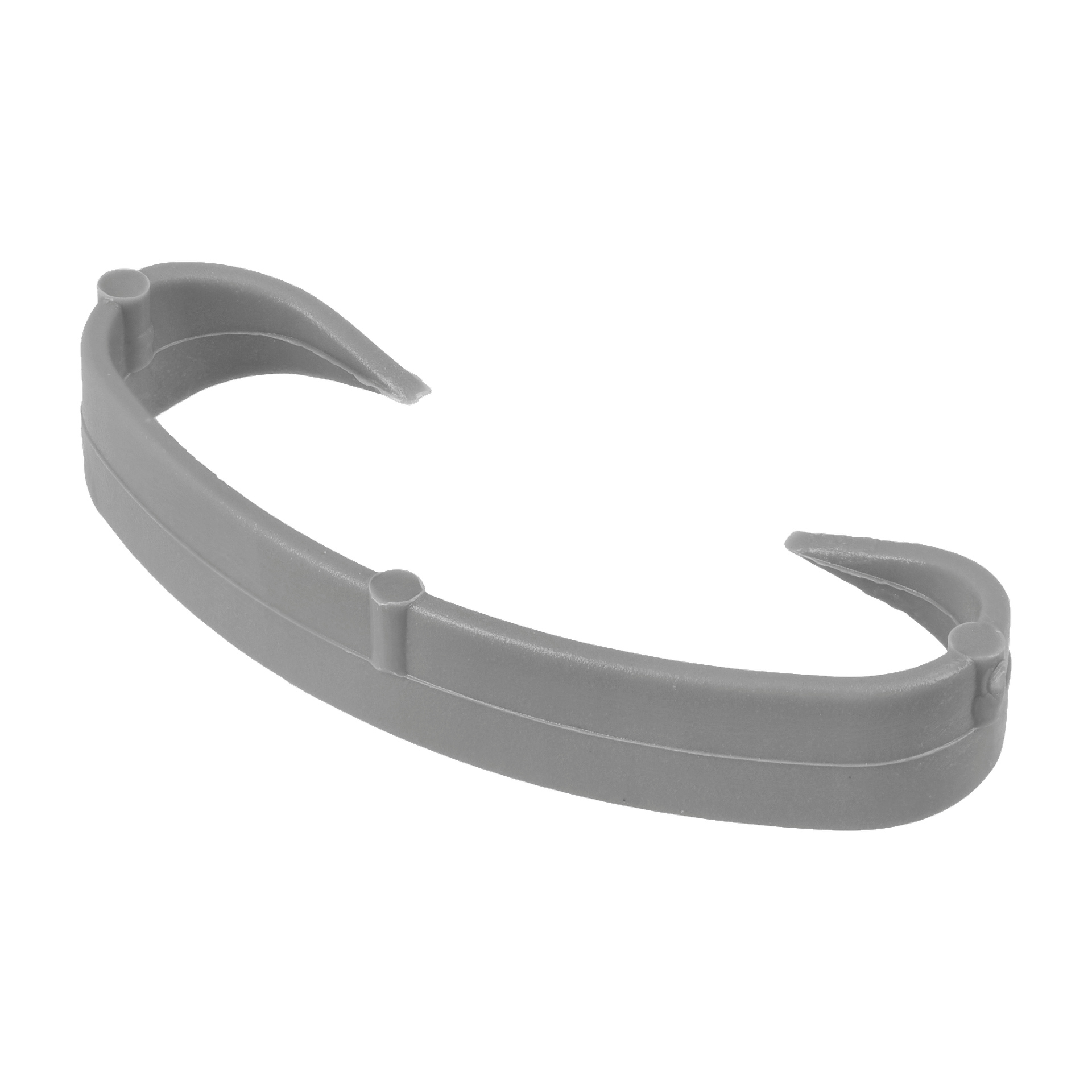 En buet grå plastklips med to krokformede ender; Hard Head Clips for Pipe Insulation (pakke på 50) er laget for å holde og organisere rørisolasjon sikkert.