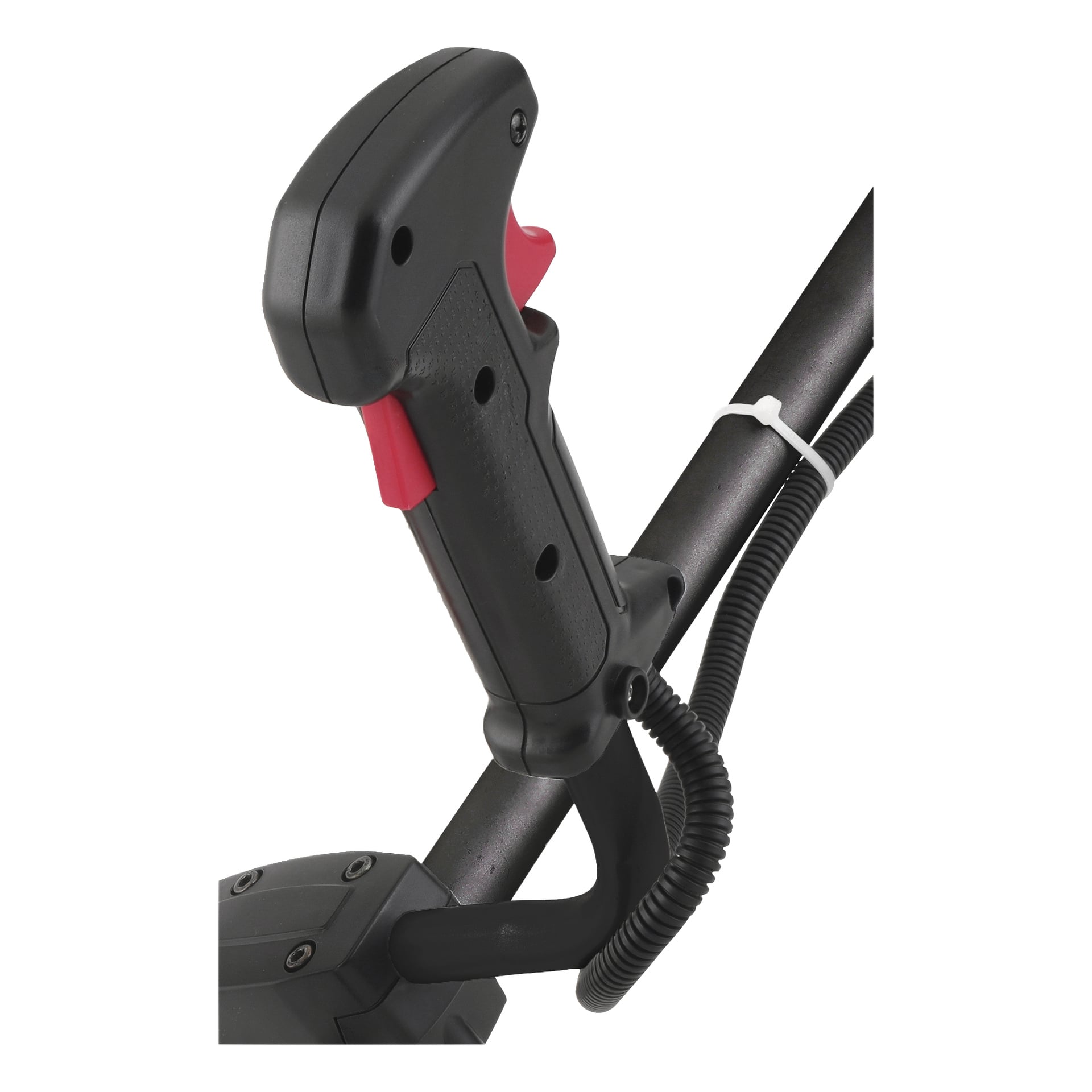 Detaljerad vy av det svarta och röda handtaget med avtryckare på Meec Tools Multiseries batteridrivna borstskärare GT-18V HOME 550, fastsatt på en metallaxel. En spiralad kabel löper från handtaget, prydligt på plats av en vit buntband som fäster den vid stången.