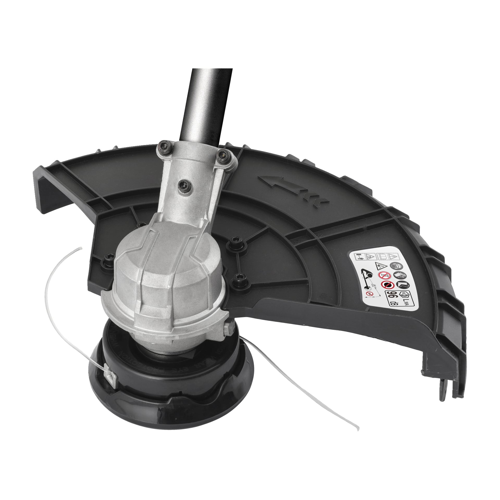 Närbild av Meec Tools Multiseries batteridrivna borstklippare GT-18V HOME 550-huvud, med skyddande sköld utdragen. En säkerhetsinstruktionsdekal är fäst på den svarta plastskyddet, och detaljer på både metall- och plastdelar är tydligt synliga.