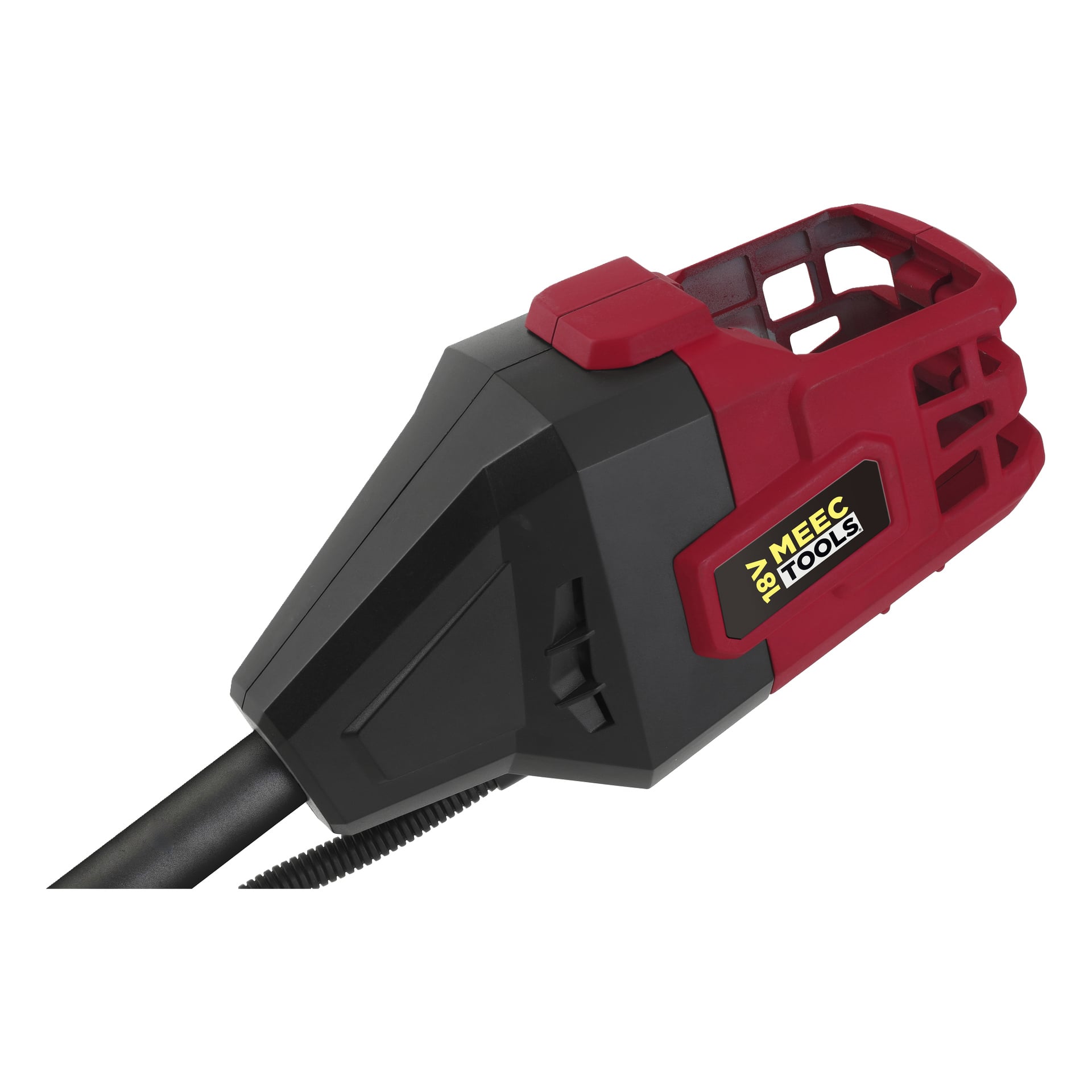 Detaljerad närbild av en röd och svart komponent gjord för Meec Tools Multiseries GT-18V HOME 550 batteriborstskärare, med tydliga ventilerade springor och texturerade spår, typiskt för denna typ av handhållen trädgårdsapparat.