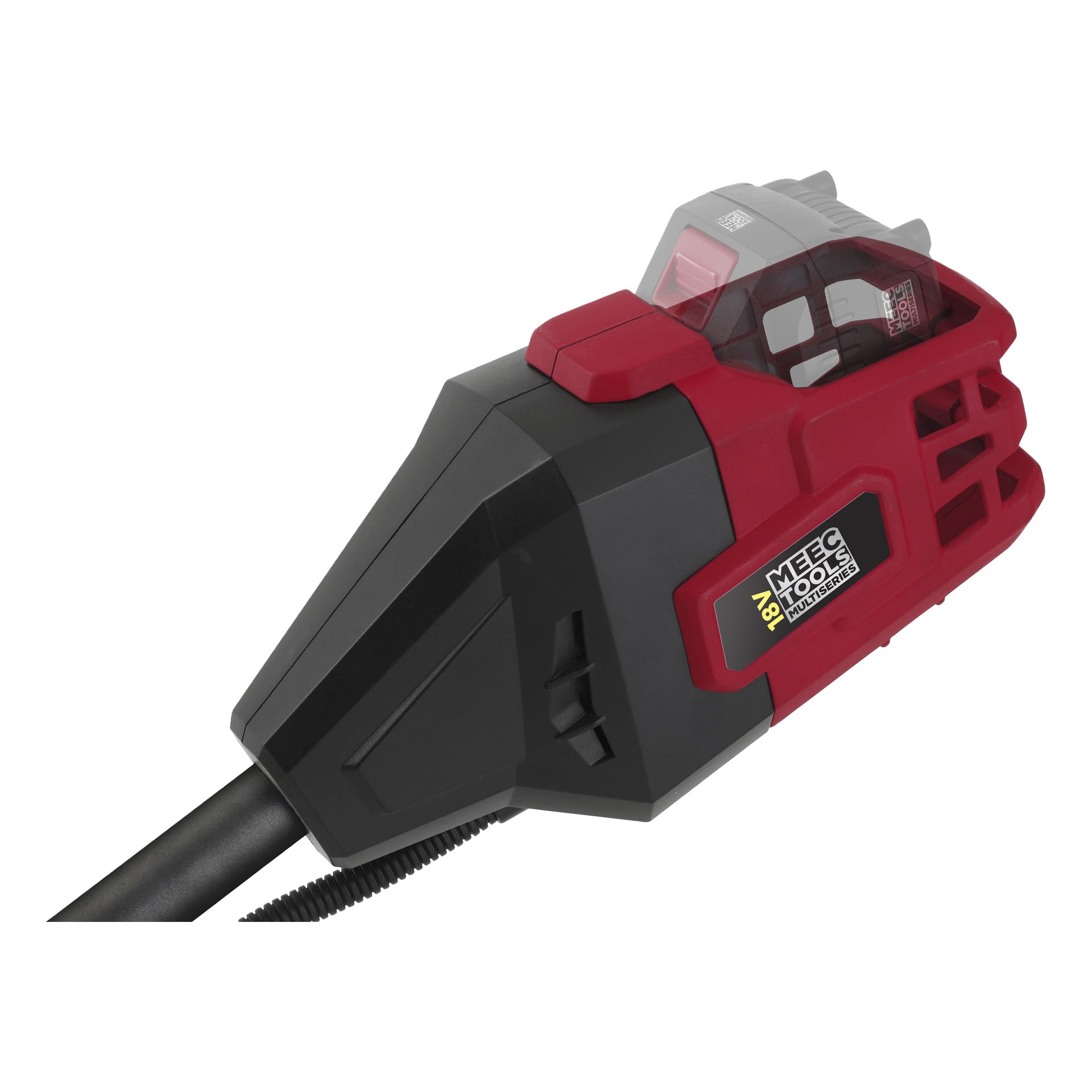 En detaljerad vy av Meec Tools Multiseries GT-18V HOME 550 batteridrivna borstskärare, med rött och svart plasthus, ett synligt batterifack och en slang fäst nära nedre vänstra sidan.