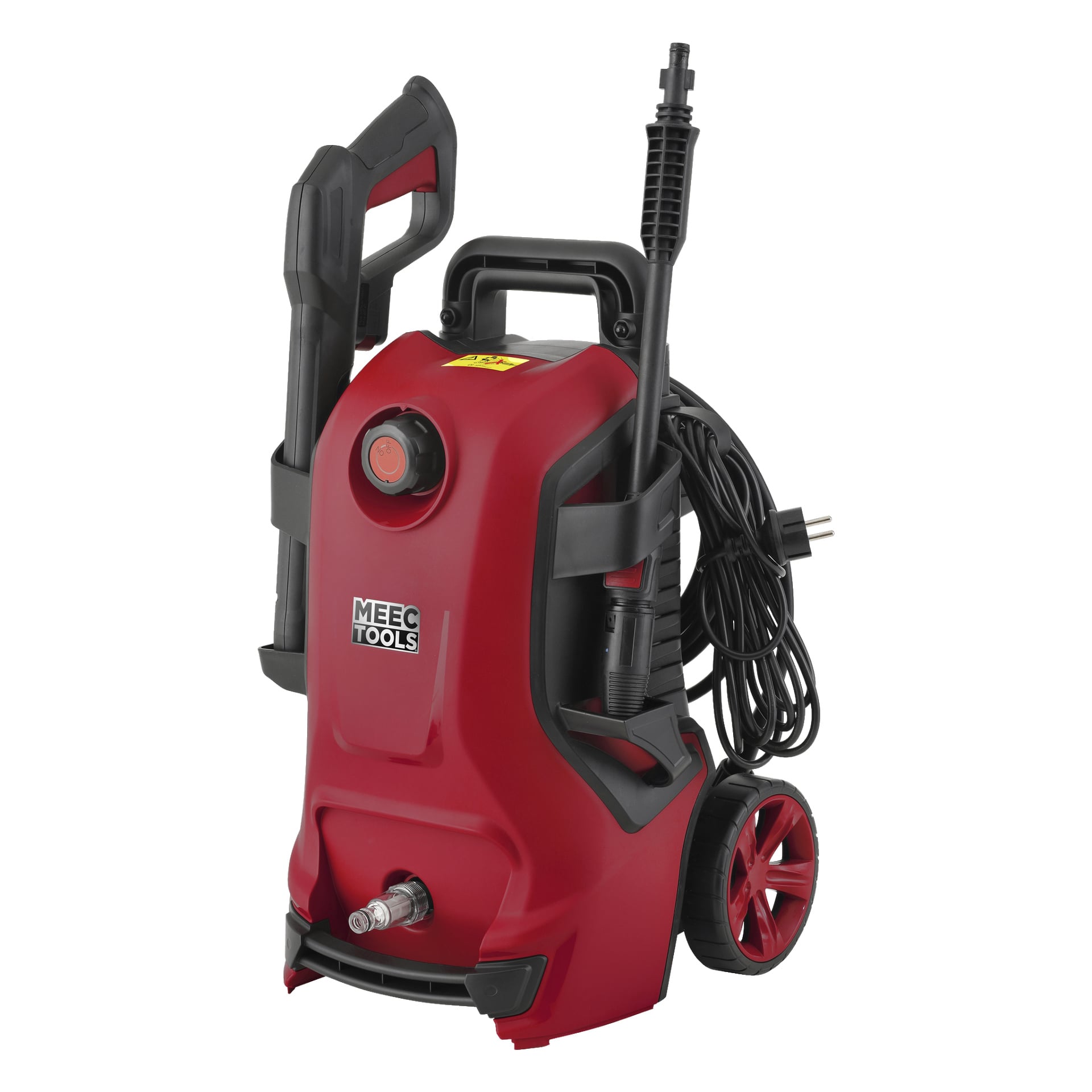 En röd högtryckstvätt från Meec Tools med svarta detaljer, två stora hjul, ett handtag, strömkabel och en avtagbar spraypistol på sidan. Meec Tools syns framtill.