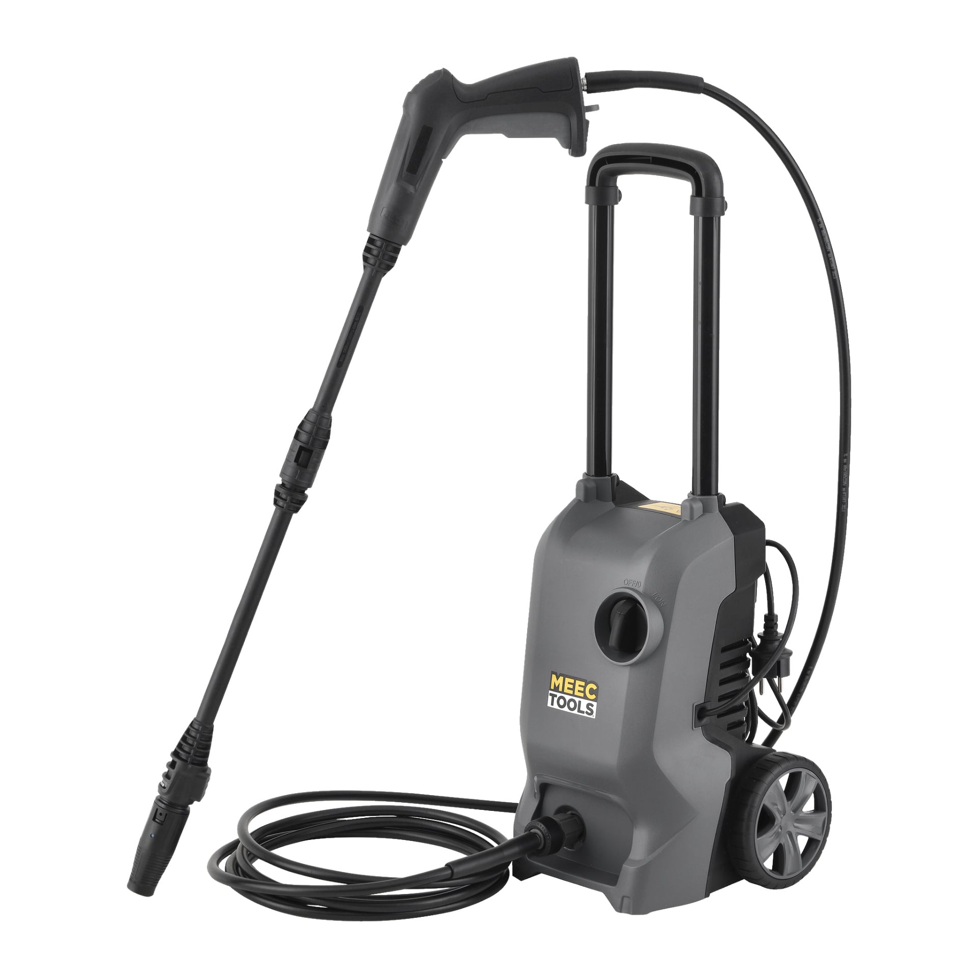 Høytrykksspyleren fra Meec Tools er en bærbar grå elektrisk enhet med en slange i bunnen, et uttrekkbart håndtak, hjul for mobilitet og en sprøytepistol.
