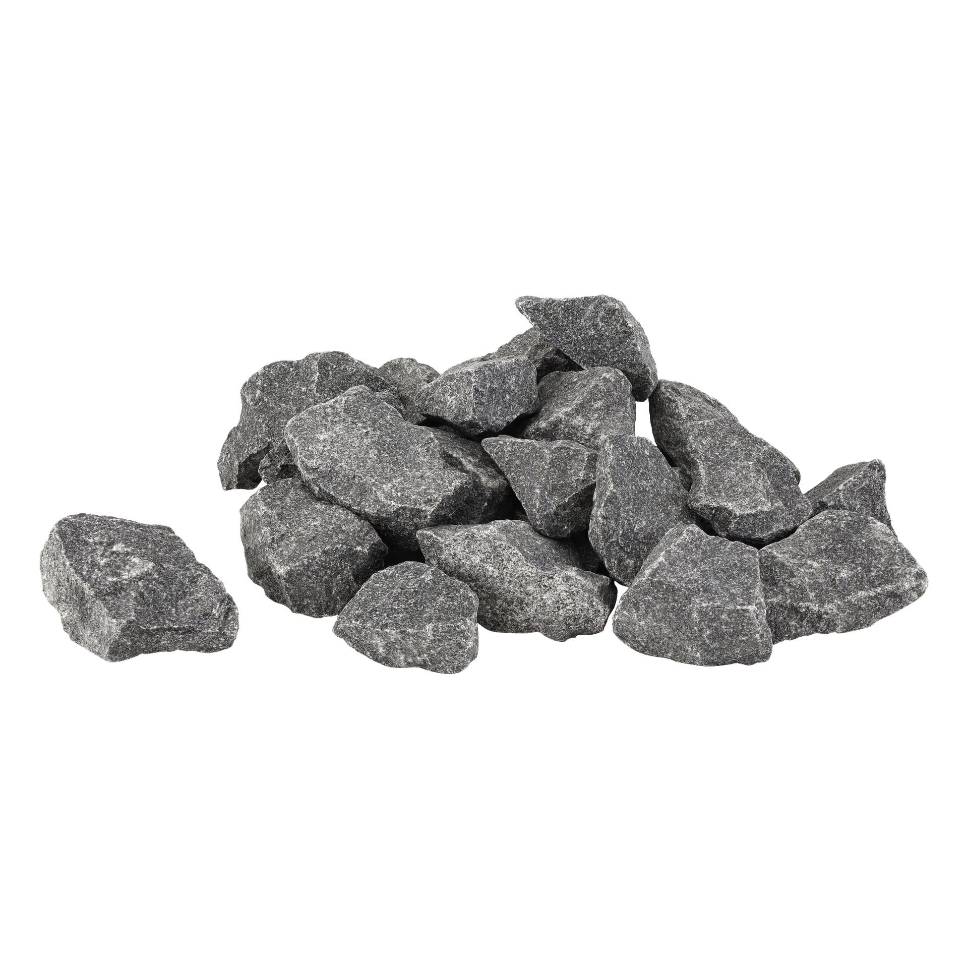 En samling grå Sauna Granit-stenar med grova, ojämna former är arrangerade tillsammans. Stenarna uppvisar olika storlekar och texturer, med tydliga kanter och naturliga ytmarkeringar.