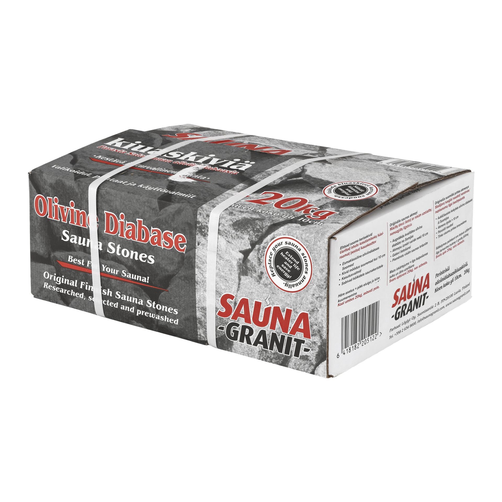 En rektangulär låda märkt Sauna Granit innehåller 20 kg olivin-diabas-bastustenar. Förpackningen visar bilder av grå stenar och text som betonar kvalitet och finskt ursprung.