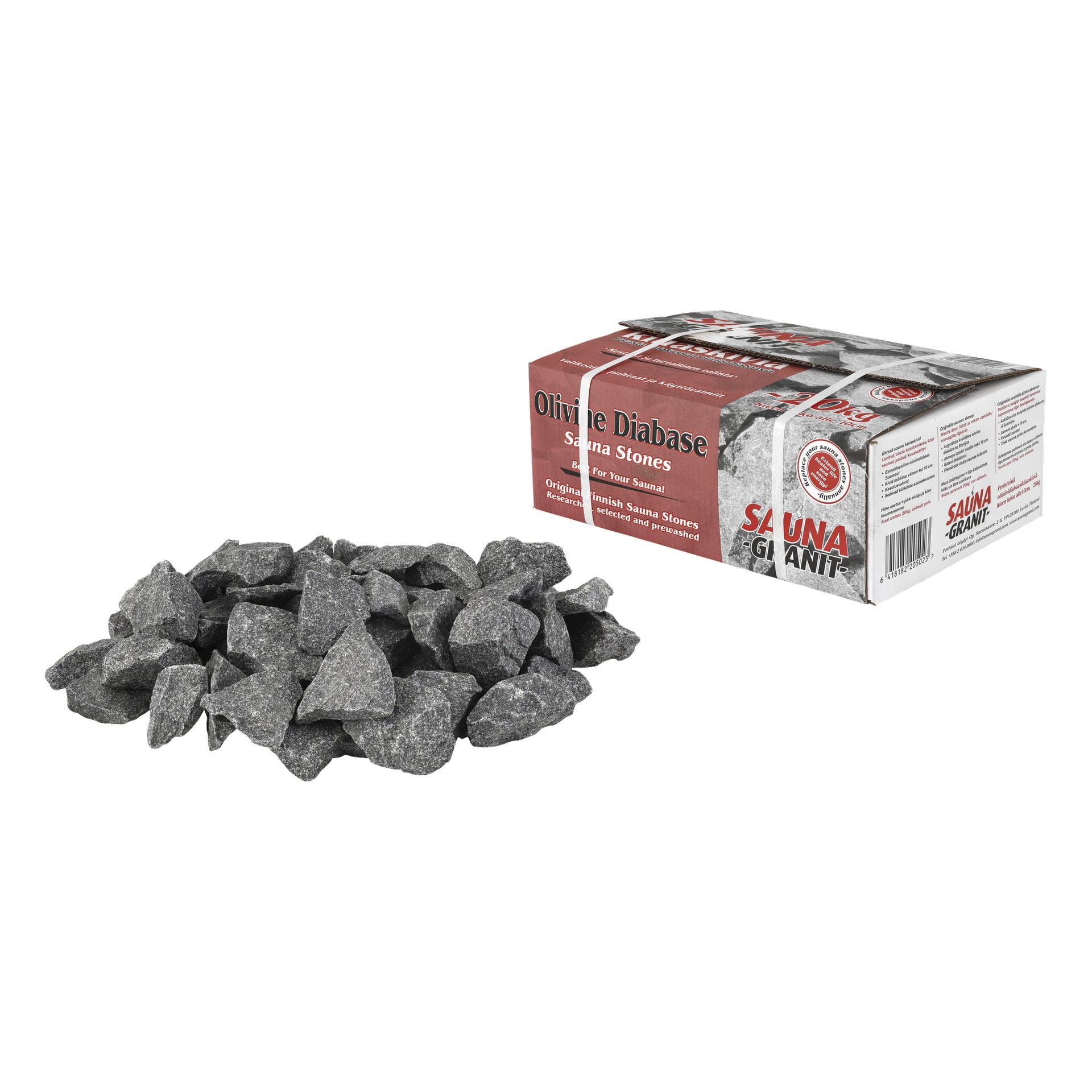En hög med texturerade grå Sauna Granit-bastustenar ligger bredvid en röd och vit butikslåda som visar produktnamn, detaljer och varumärke.
