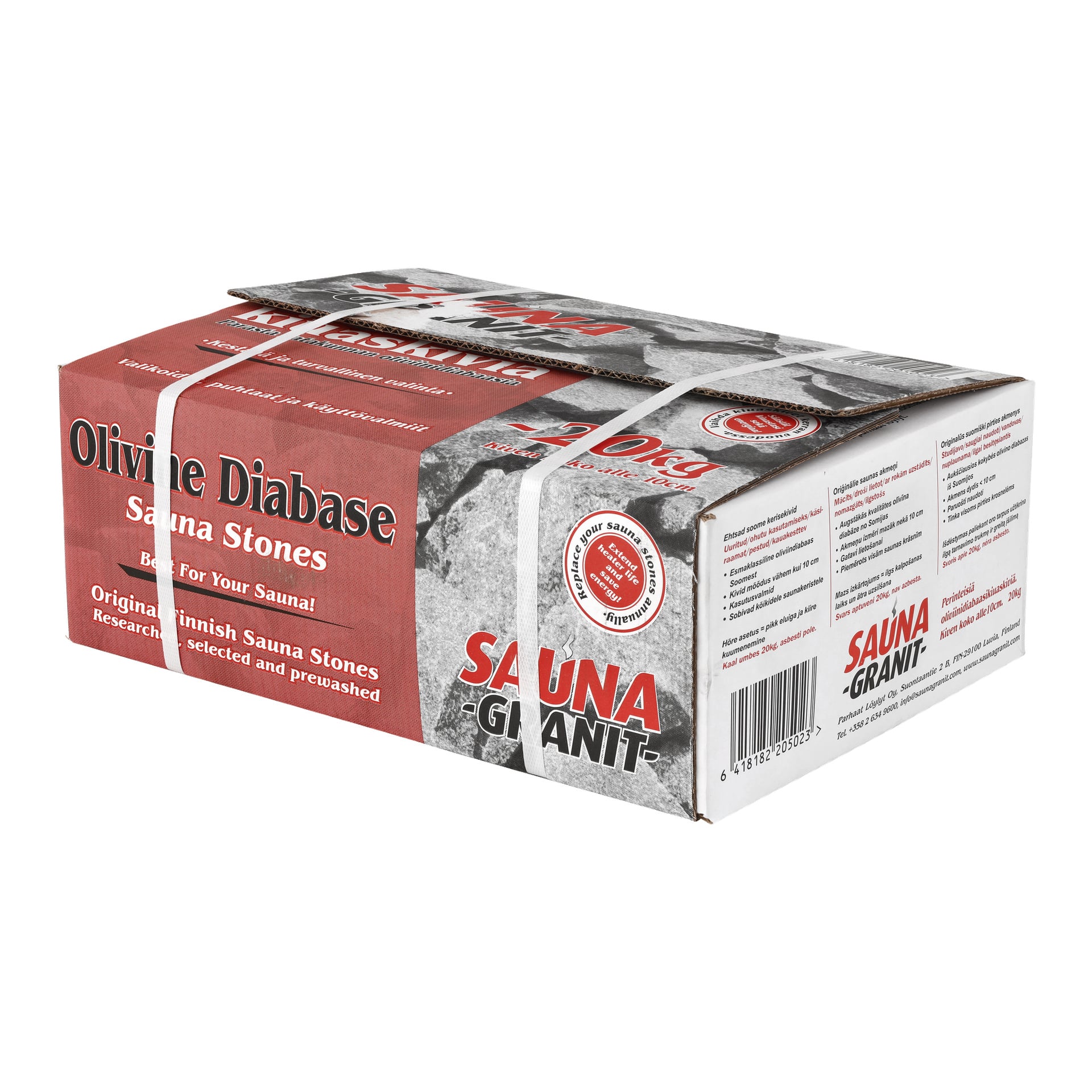 En röd och grå kartong med vita remmar, som visar varumärke och produktinformation för bastustenar. Tillverkaren är Sauna Granit.