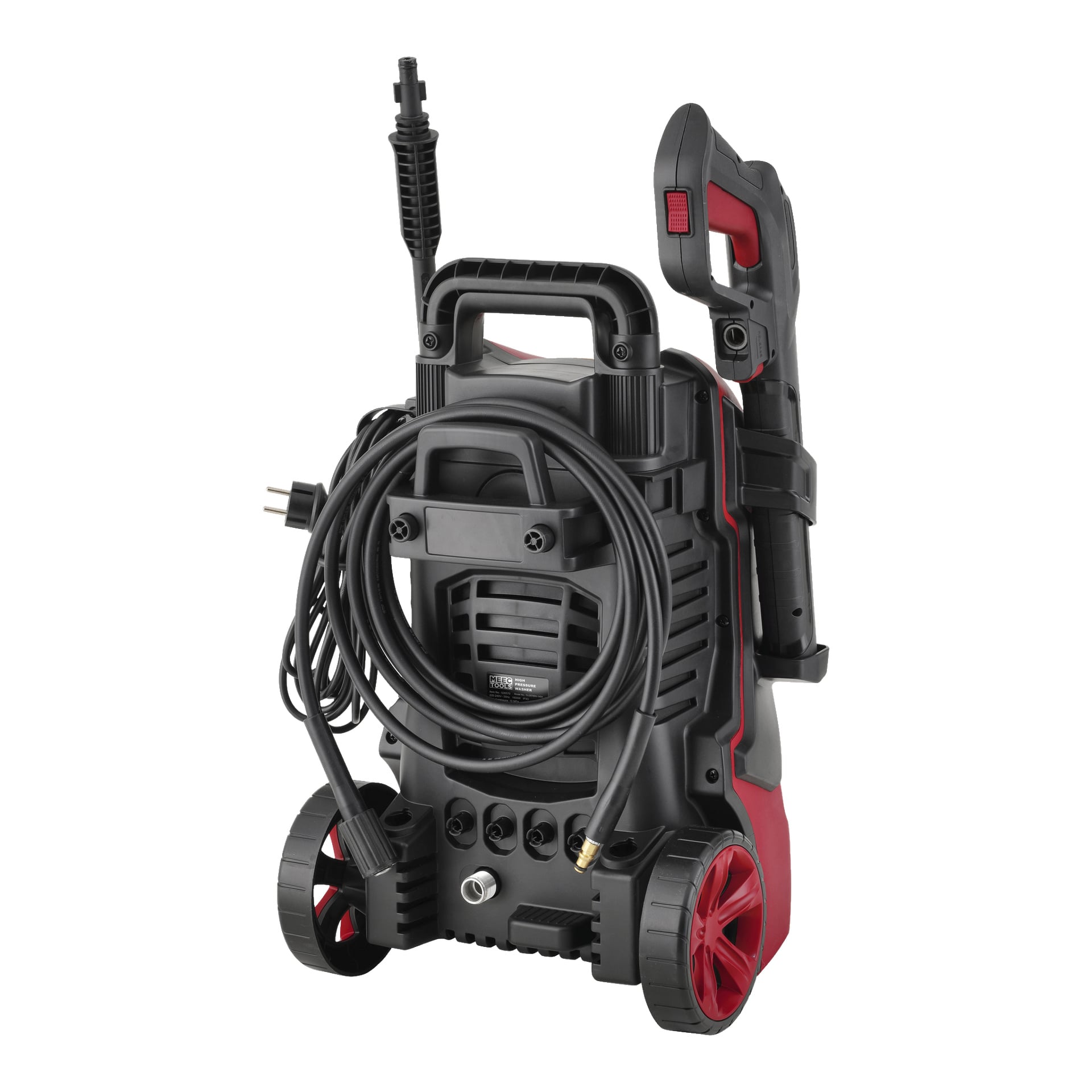 Meec Tools högtryckstvätt har en svart och röd design, med hjul, ett handtag, en spiralad slang bak, en elektrisk sladd som syns och en sprutpistol fäst på sidan.