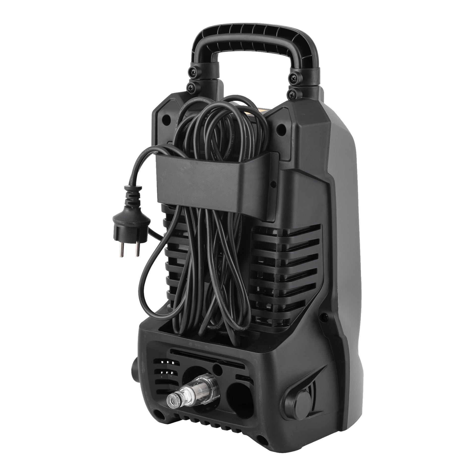 Myjka ciśnieniowa Meec Tools jest i przenośna, wyposażona w uchwyt do przenoszenia, szczeliny wentylacyjne, zwinięty kabel zasilający na uchwytach, wtyczkę oraz złącze węża na dole.