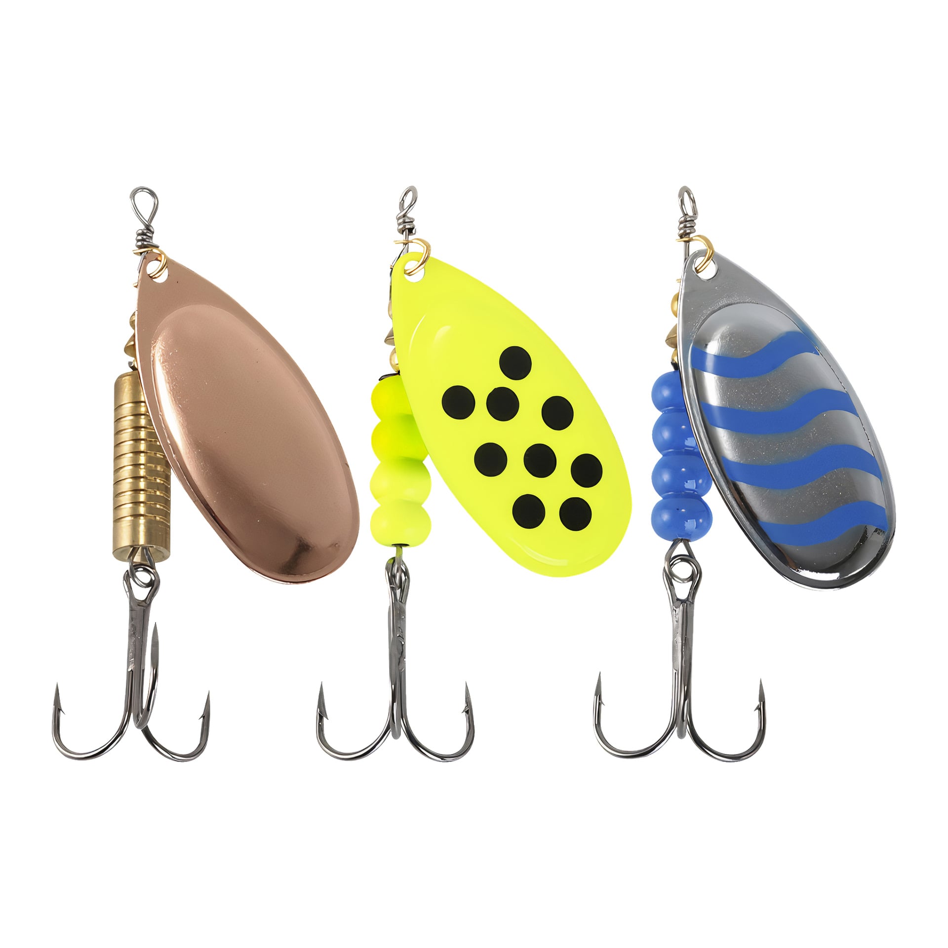 Tre Kayoba Spinner-drag från det tredelade Spinner-setet är placerade bredvid varandra. Varje drag har ett ovalt metallblad, färgstarka pärlor och en tre-krok. Bladen finns i koppar, gult med svarta prickar och silver med blå vågiga linjer.