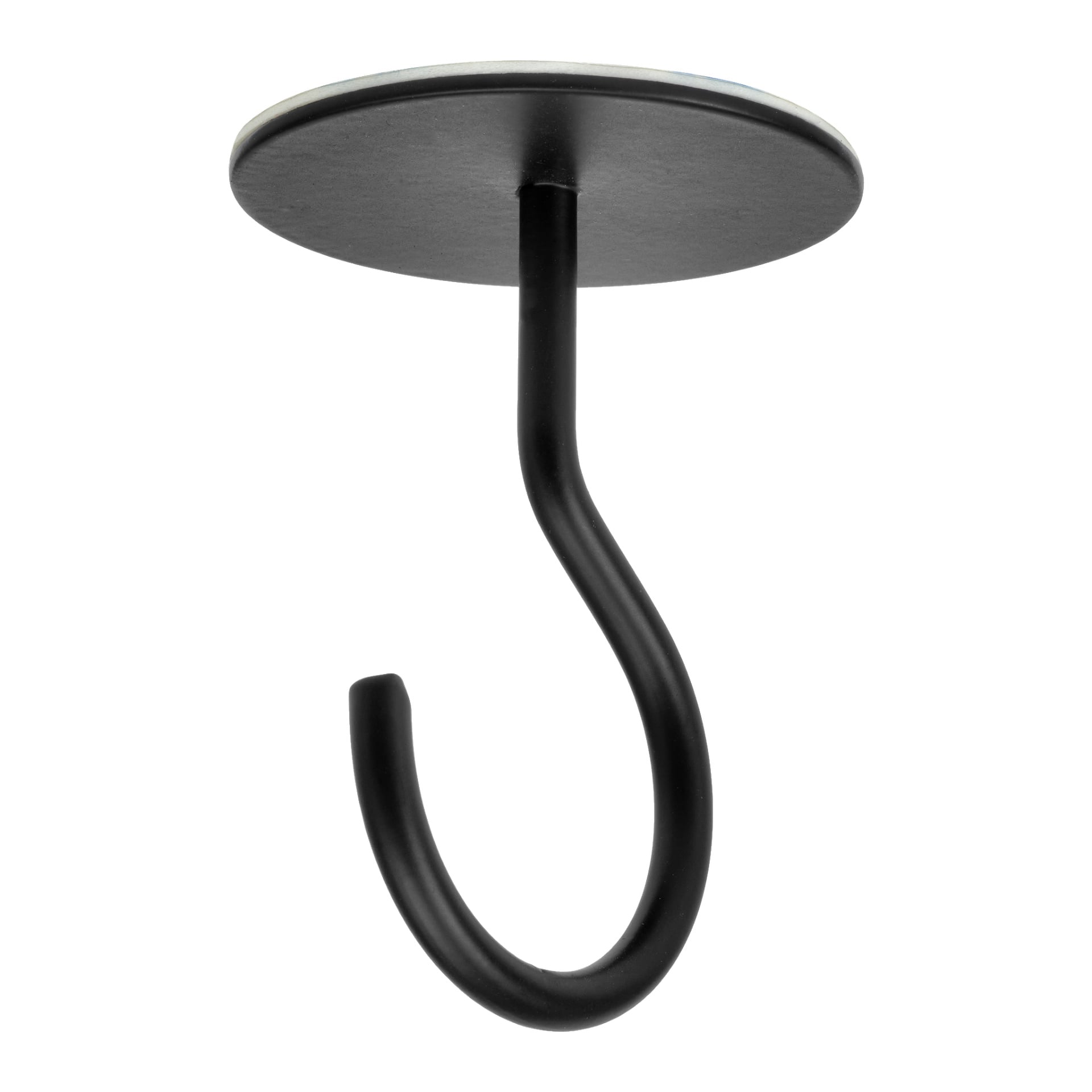 Hard Head Self-adhesive Ceiling hook 2 pack składa się z czarnych metalowych haczyków z płaskimi, okrągłymi podstawami i kształtem zakrzywiającym się w dół.