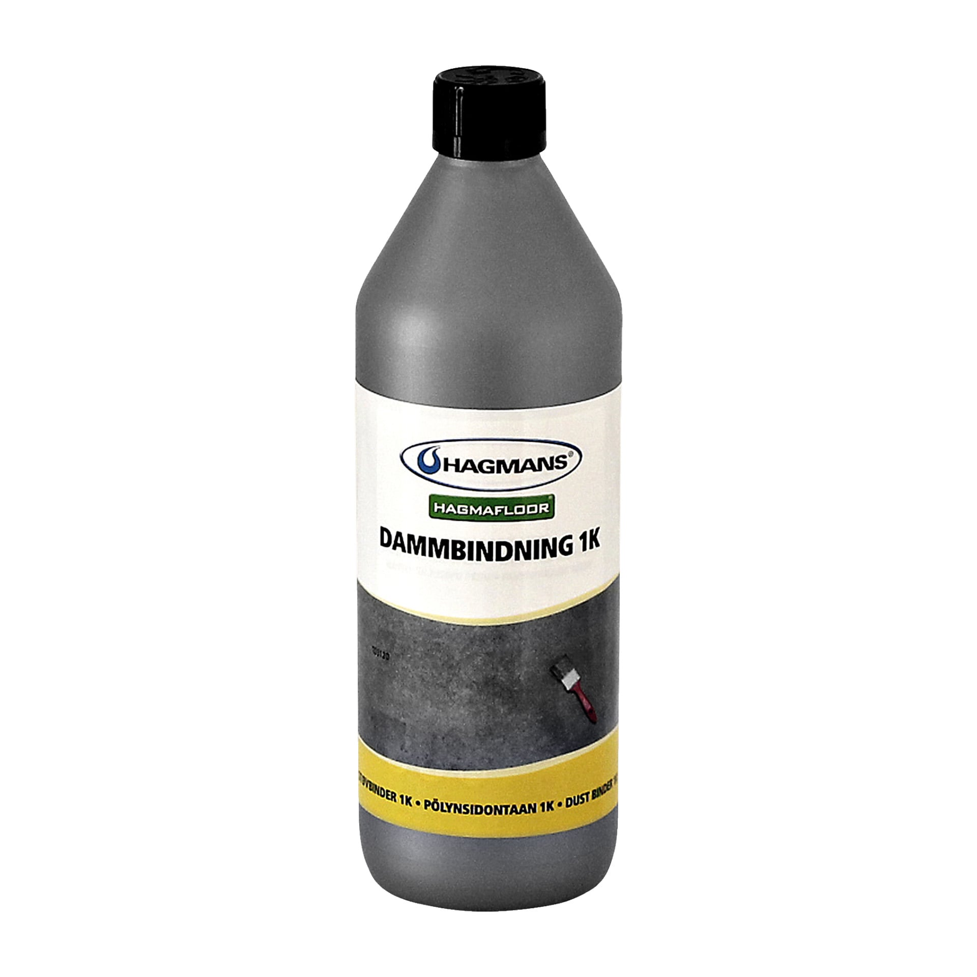 En plastflaska Hagmans Primer/dammbindare Hagmafloor 1K med svart kork, med en etikett med en bild av en pensel på en grå yta.