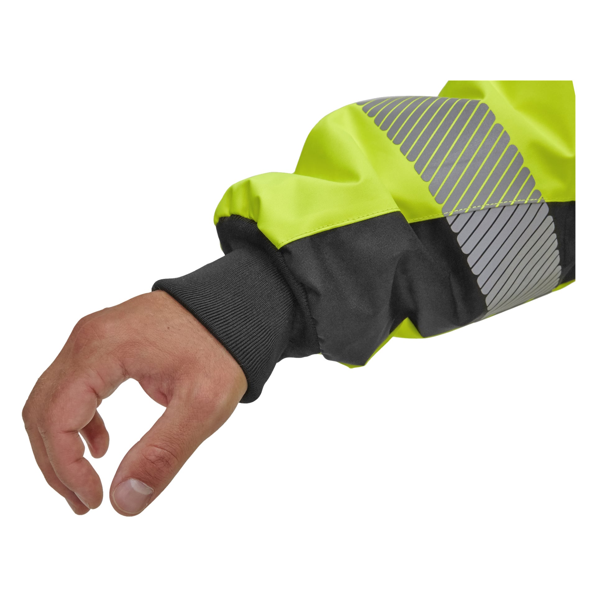 En persons vänstra arm och hand är avbildade iklädda Bluewear Warm-fodrade Hi-Vis Hamilton-jackan. Jackan är klargul med svarta detaljer, reflekterande silverränder och en svart manschett vid handleden. Personens hand är lätt böjd med handflatan nedåt.