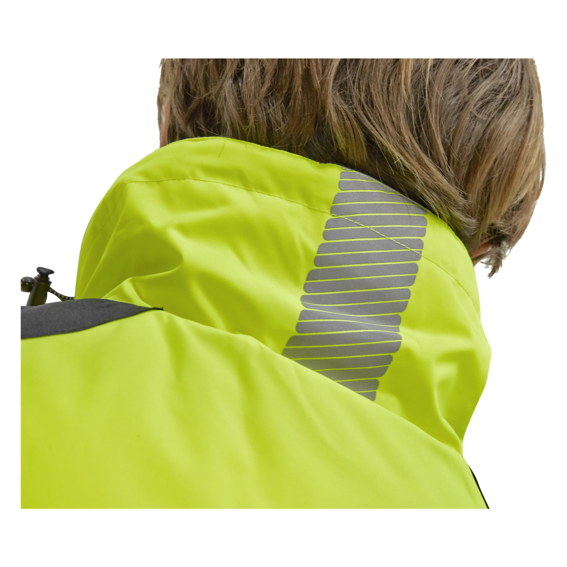 Närbild på en persons nacke och axel bakifrån, med den klargula Bluewear Warm-fodrad Hi-Vis Hamilton-jackan med en grå reflekterande rand. Brunt hår vilar ovanför kragen.