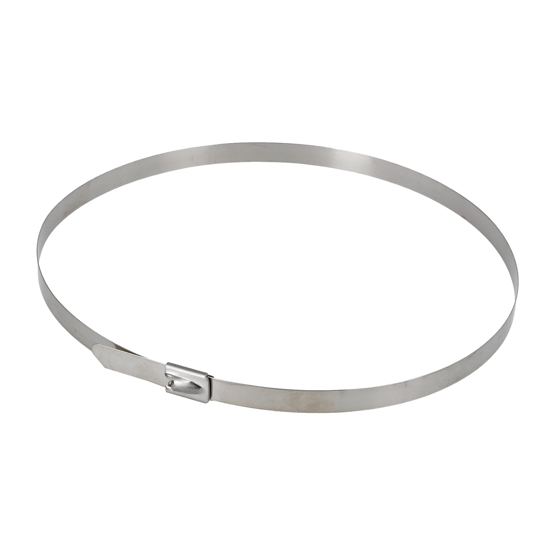 Ett paket med fem Anslut rostfria stålbunter, var och en designad som en smal, platt metallremsa med polerad yta och ett fäst spänne i ena änden för att skapa en tät cirkulär ögla.