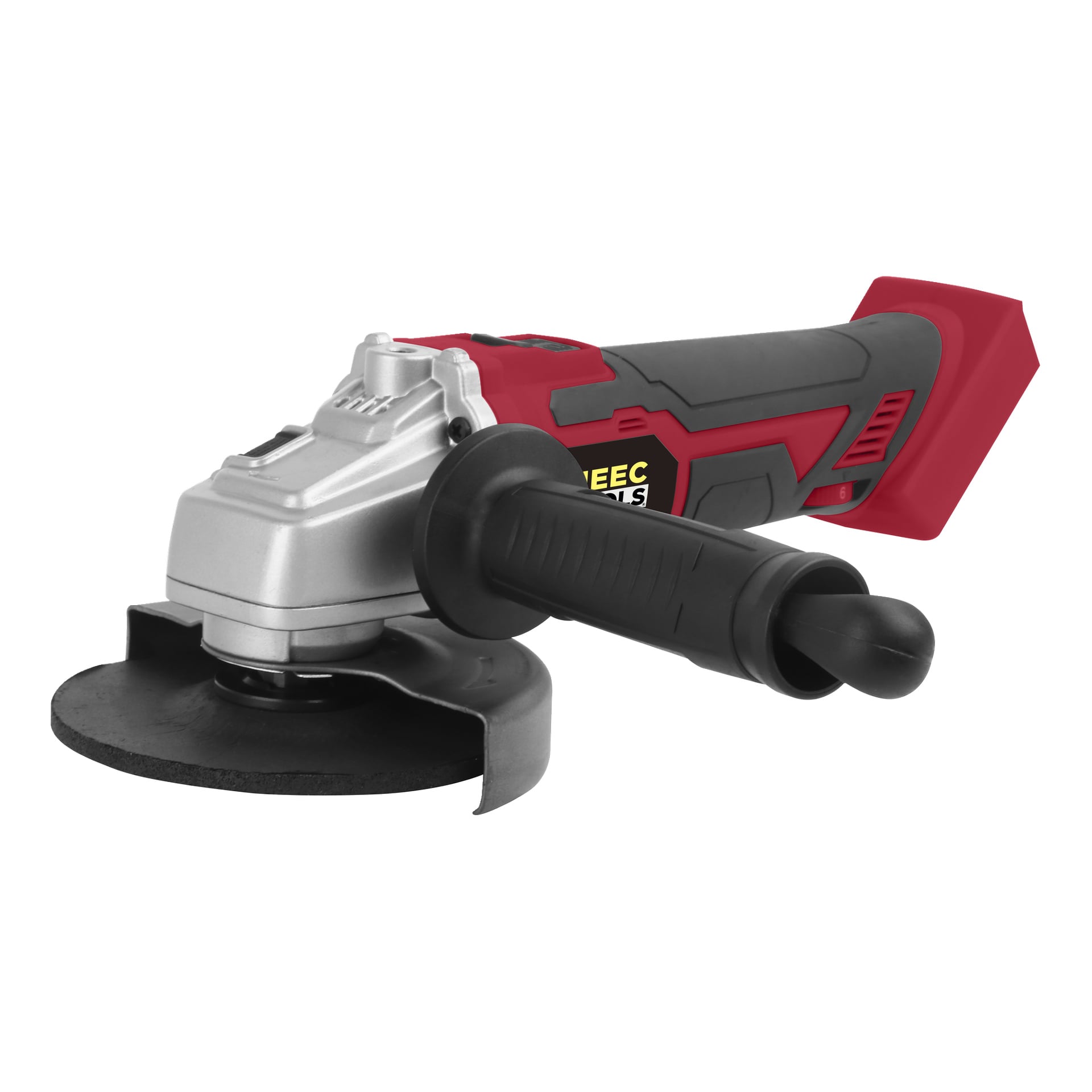 Meec Tools Multiseries vinkelslip AG-18V HOME 500 har en röd och svart design, utrustad med sidohandtag och cirkulärt bladskydd.