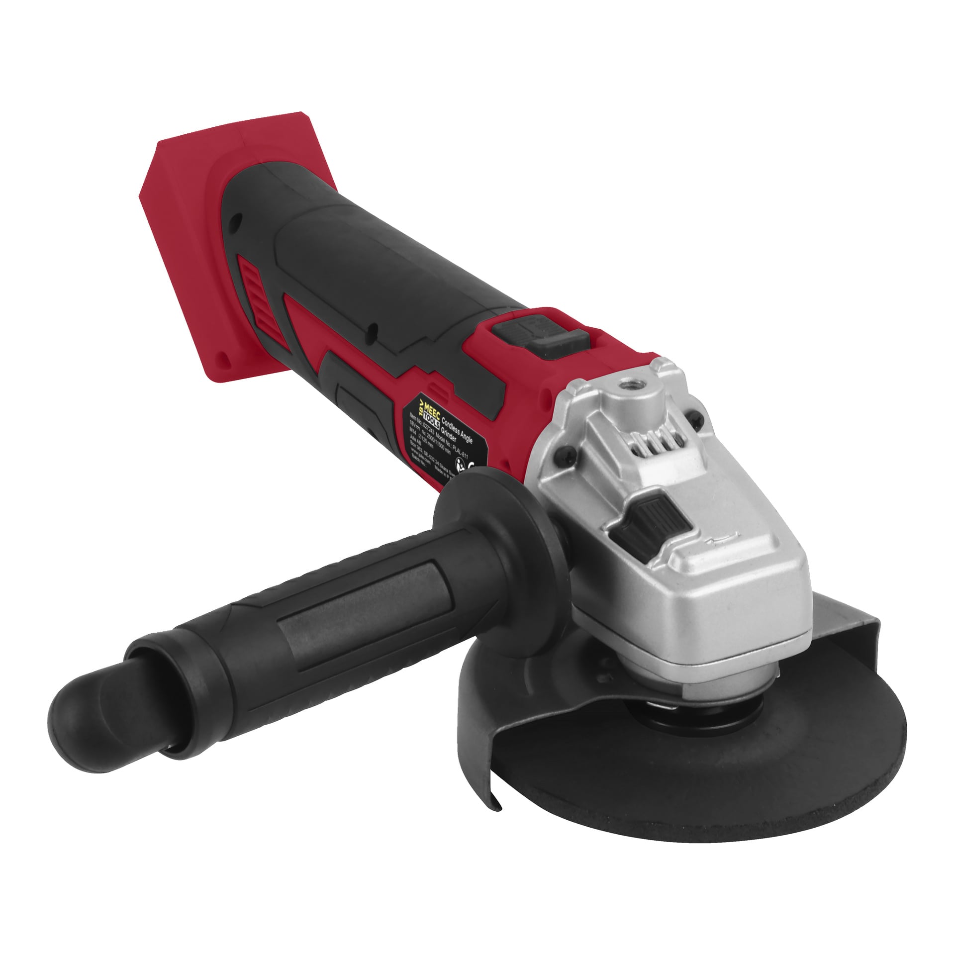 Meec Tools Multiseries vinkelslip AG-18V HOME 500 är en sladdlös enhet med rött och svart handtag, sidogrepp, metallväxelhus och en cirkulär skärskiva.