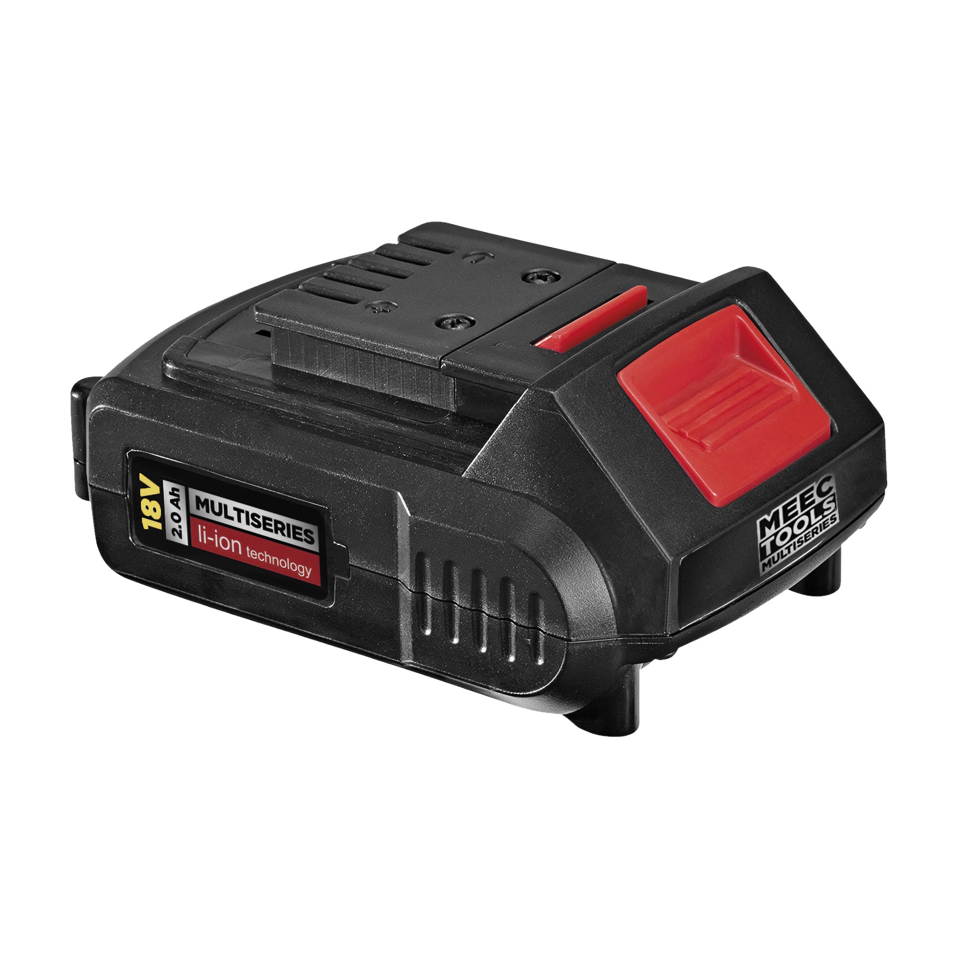 Ett svart och rött 18V Meec Tools Multiseries litiumjonbatteri med etiketten "MULTISERIES 2.0Ah li-ion technology" och en framträdande röd frigöringsknapp visas som tillbehör till GT-18V HOME 500 batteridrivna grästrimmerkit.
