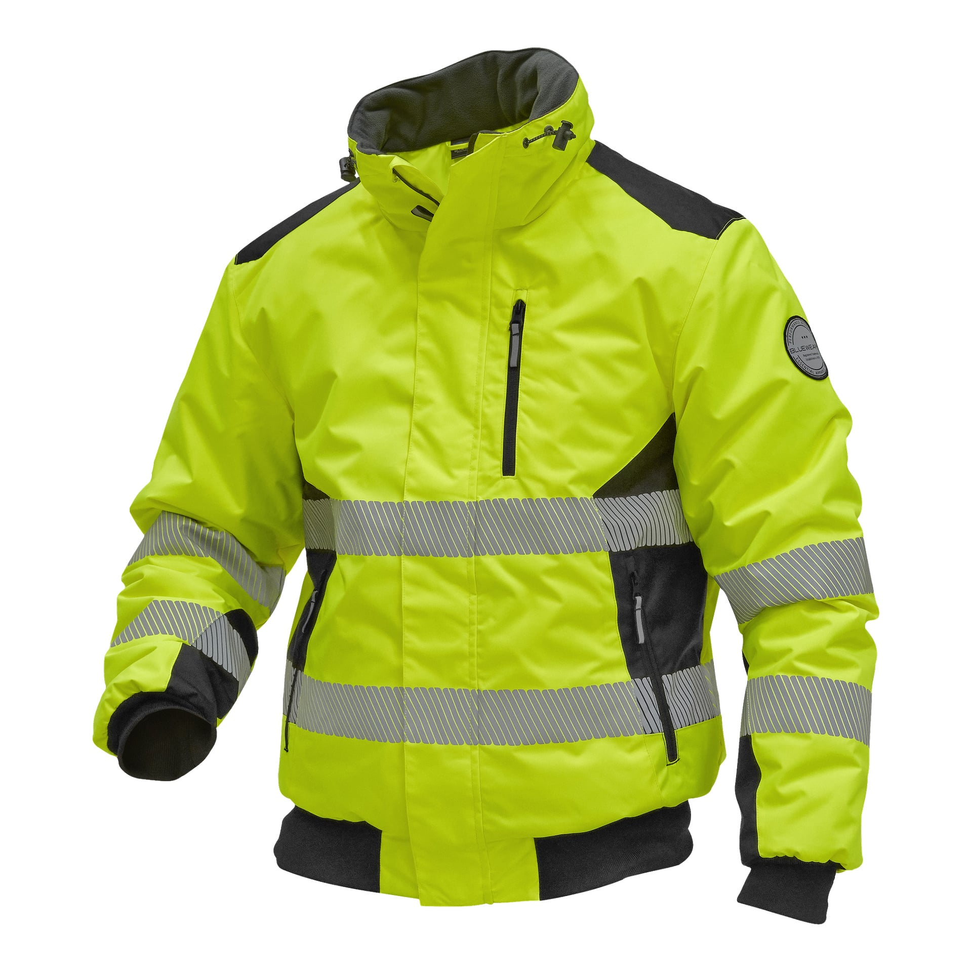 Bluewear Hamilton Hi-Vis-jackan är isolerad och designad för synlighet, med klargult tyg och svarta detaljer, reflekterande grå band på bröst, ärmar och midja, zip-up fram, praktiska fickor och stående krage. Denna konstruktion passar den väl för säkerhet och utomhusarbete.