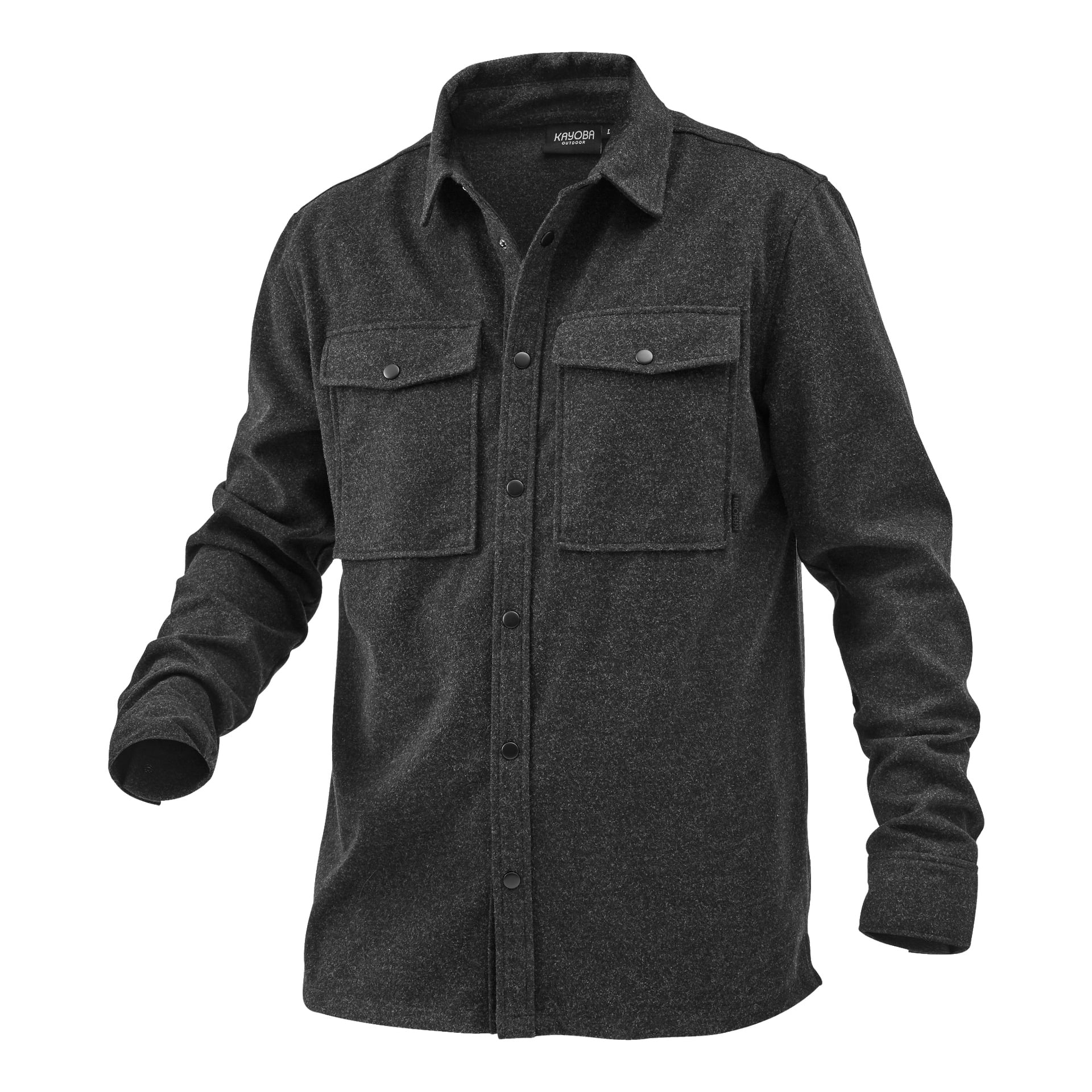 Kayoba Outdoor Overshirt miesten Idhult on tummanharmaa kauluspaita, jossa on pitkät hihat, kaksi tilavaa rintataskua ja kaulus. Yhtään mallia ei näytetä.