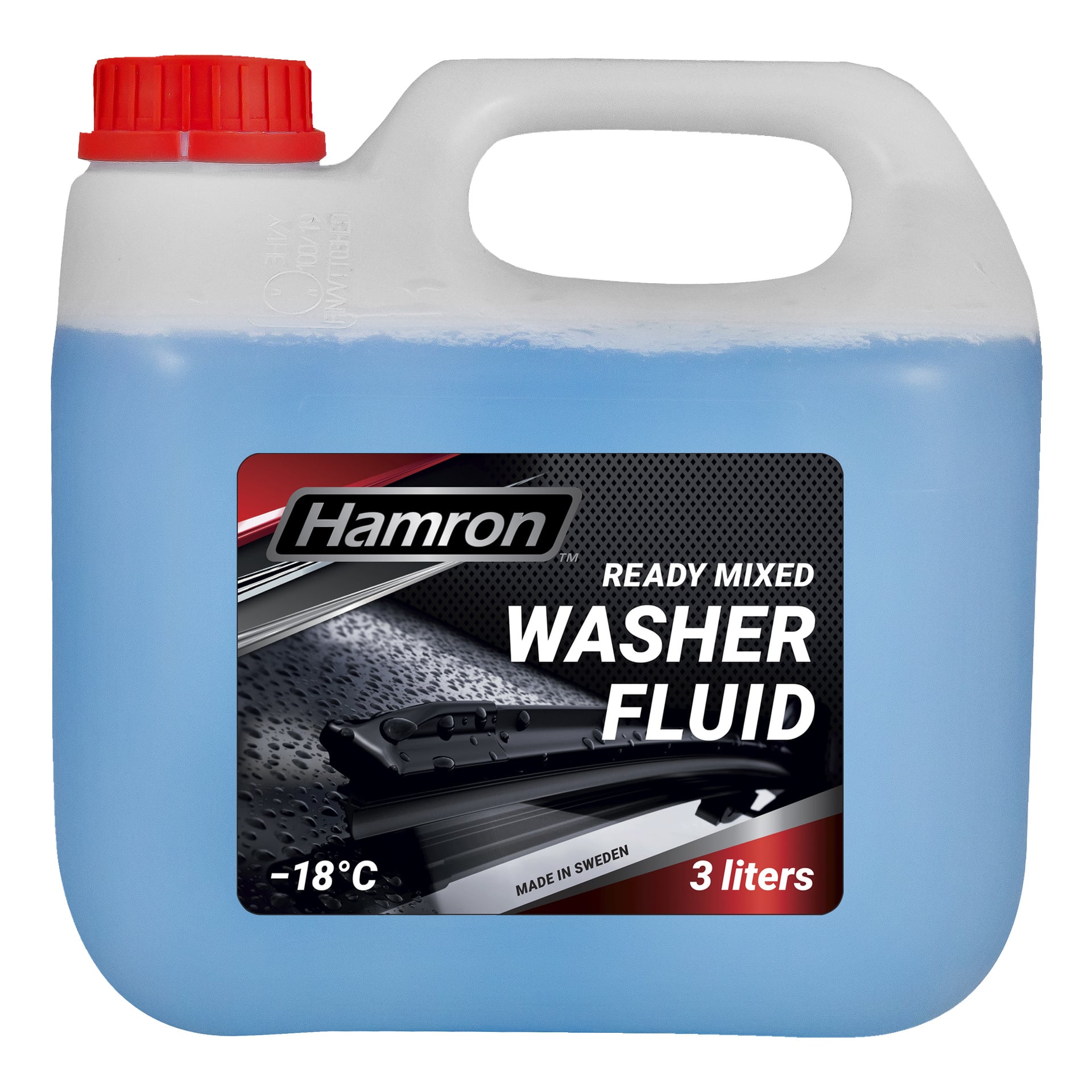 En 3-liters Hamron Ready-blandad brickvätska i en plastbehållare med röd lock. Etiketten visar en vindrutetorkarikon, markerar en temperaturklassning på -18°C och noterar att produkten är tillverkad i Sverige.