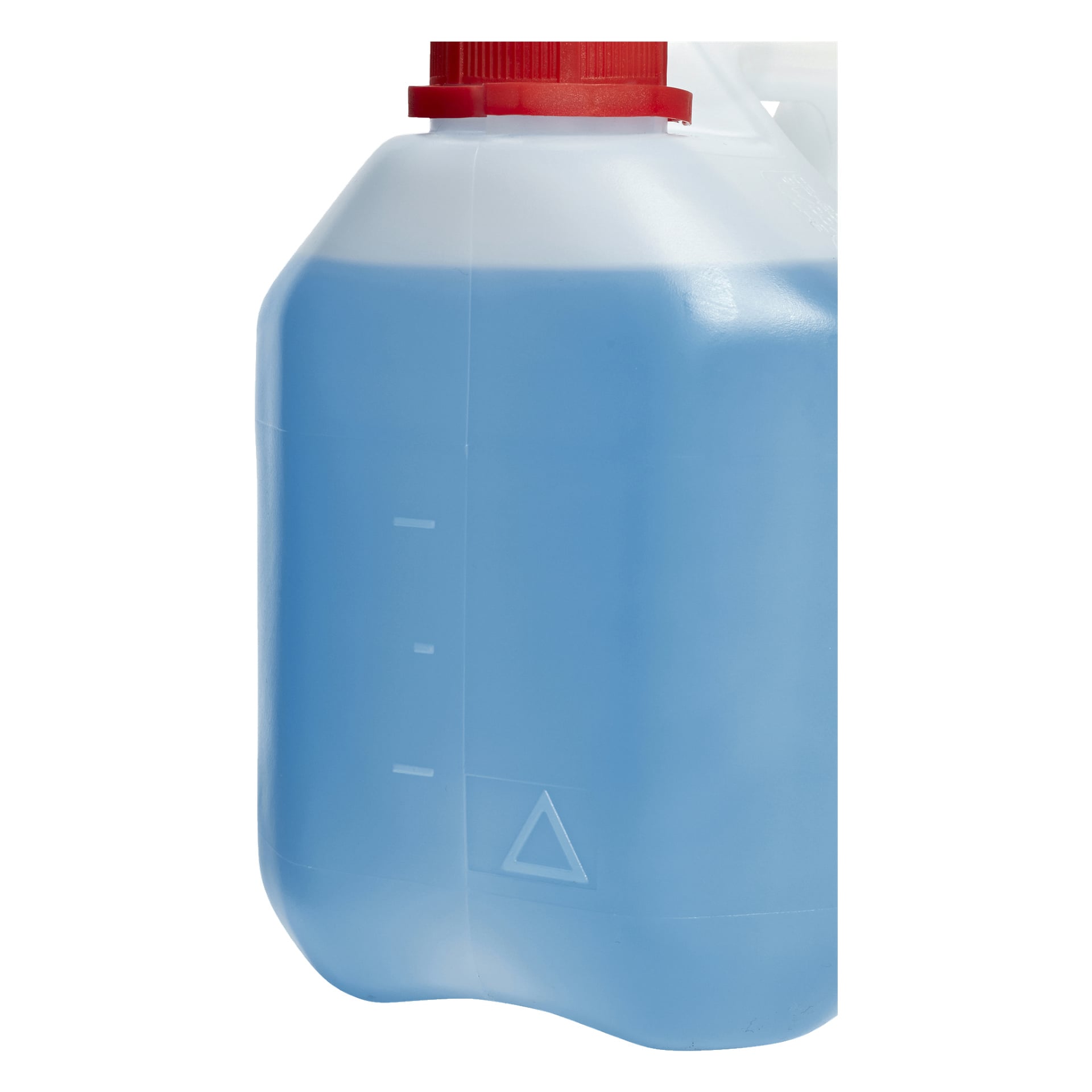 En närbild av en genomskinlig plastflaska innehållande blå Hamron Ready-mixad brickvätska, med en röd skruvlock, vita måttmarkeringar på sidan och en präglad triangelsymbol på ytan.