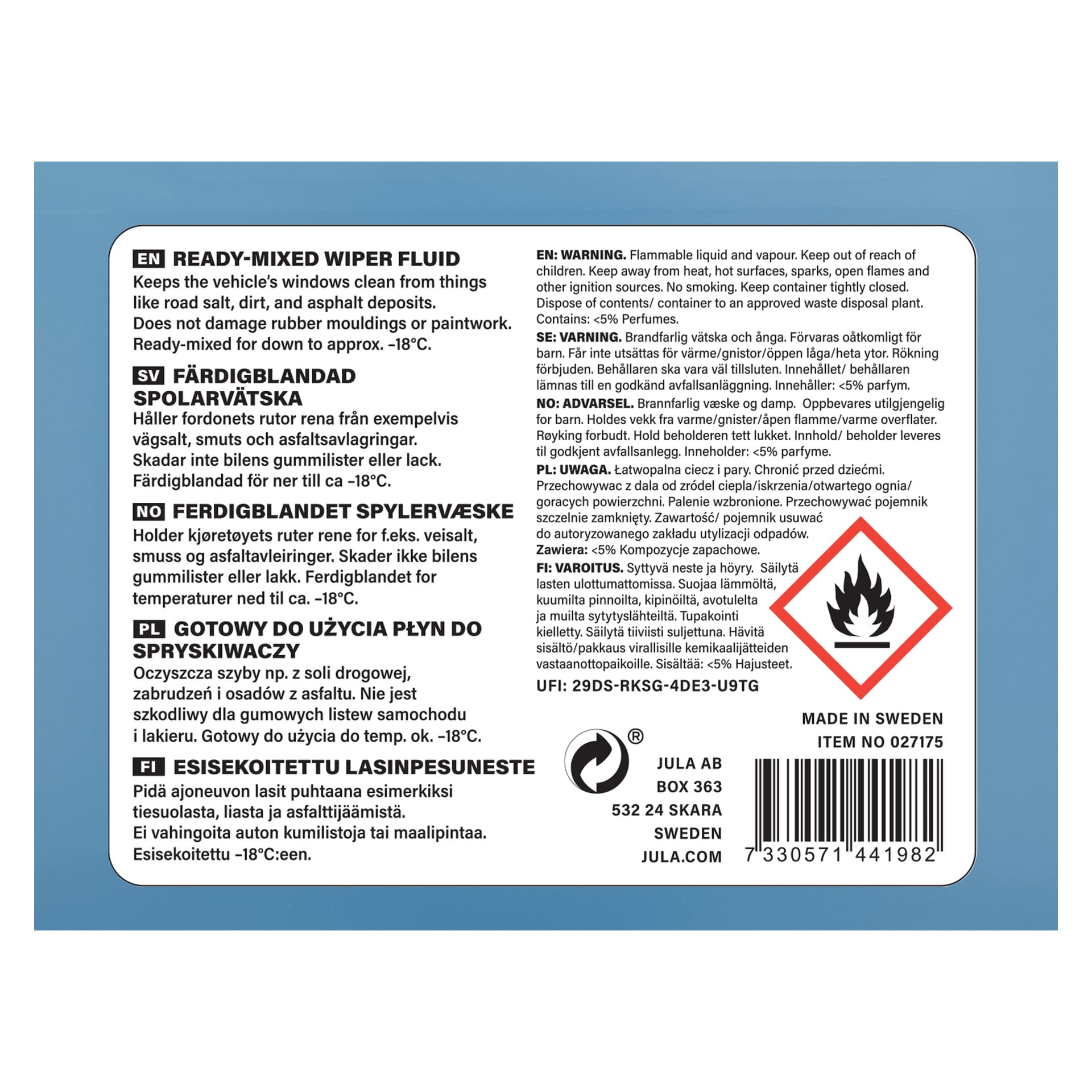 Hamron Ready-mixed bricker fluid-etikett med säkerhetsvarningar, en varningsikon, användnings- och förvaringsinstruktioner samt tillverkarens information mot blå bakgrund. Streckkoden och produktnumret visas också.