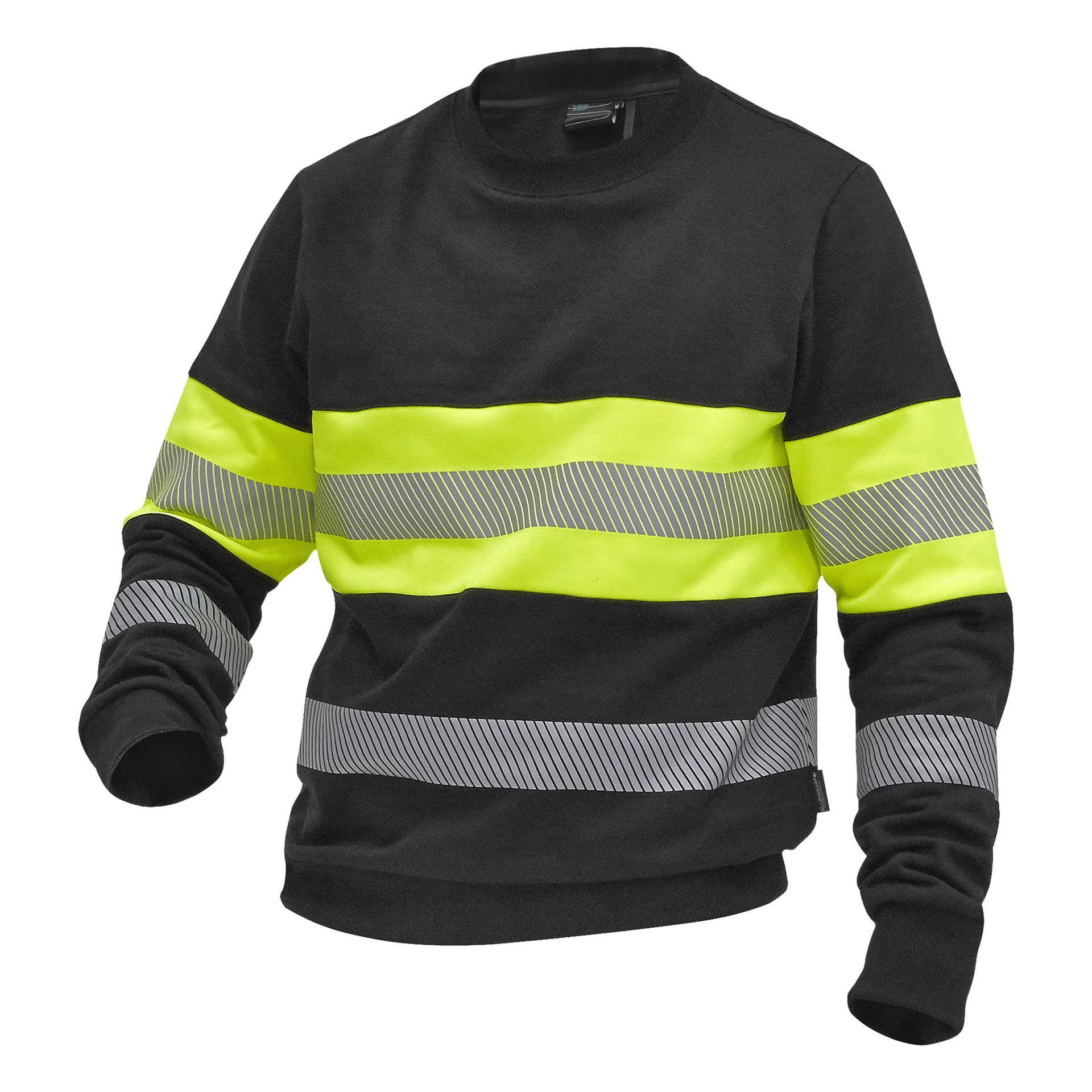 Bluewear Hi-vis Vancouver-sweatshirten är en svart, långärmad topp med två gula reflekterande ränder som löper horisontellt över bröstet och två grå reflekterande ränder runt varje ärm, vilket ger förbättrad synlighet.