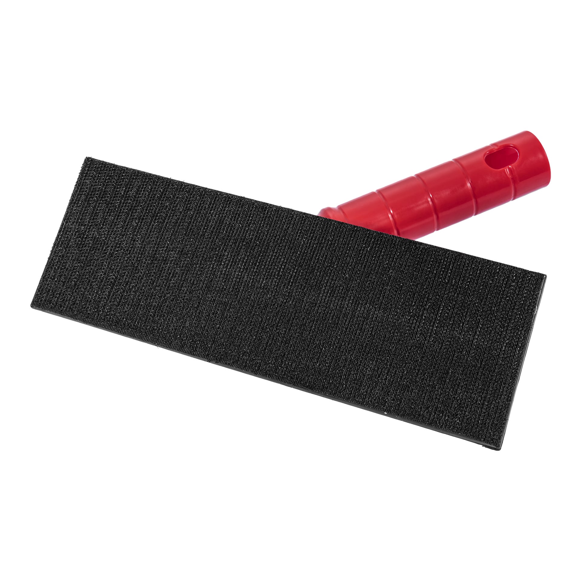 Ett Meec Tools Jointed slipverktyg med en rektangulär, svart texturerad dyna kopplad till ett rött plasthandtag med ett hål nära spetsen; Handtaget är vinklat uppåt från plattans yta.