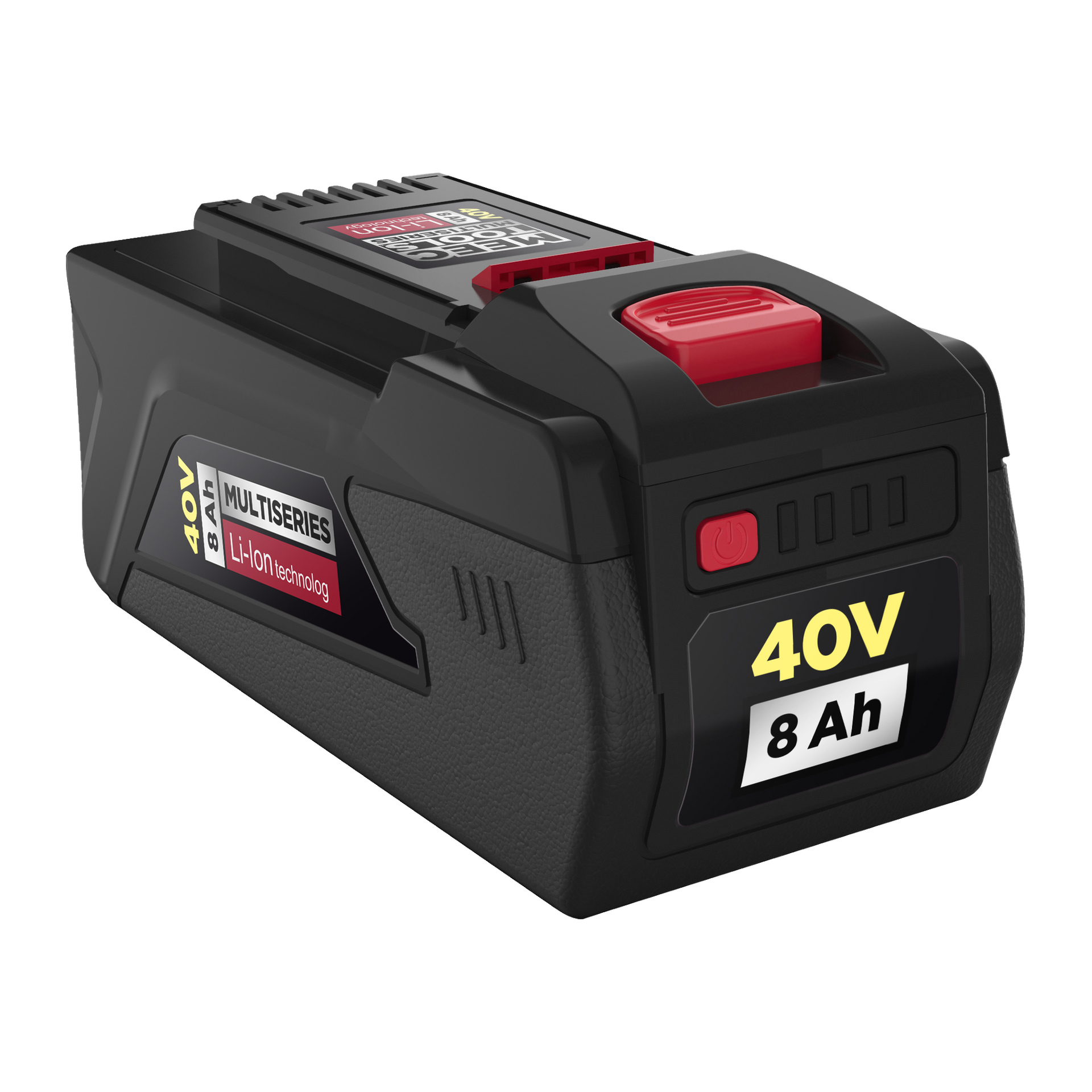 Ett svart Meec Tools Multiseries 40V litiumjonbatteri i rektangulär form, med en röd knapp, med märkningarna "40V 8Ah" och "MULTISERIES Li-Ion technology." Ytan har en texturerad yta och det finns indikatorlampor på toppen.