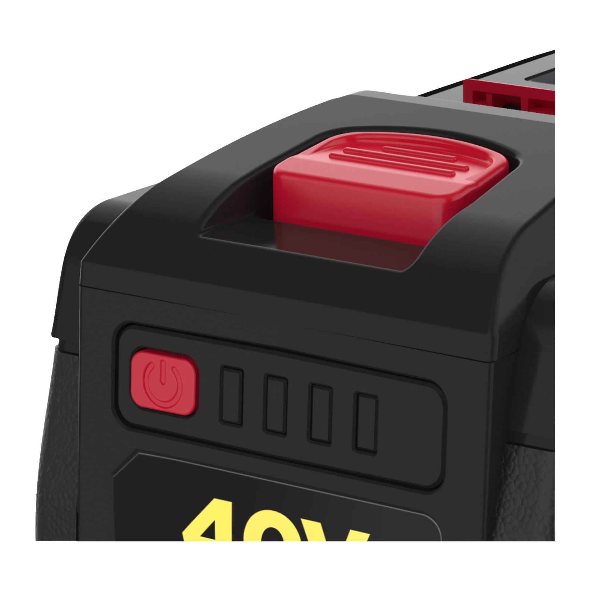 Närbild på ett svart och rött Meec Tools Multiseries 40V-batteri, med en röd strömknapp, fyra små indikatorlampor och en del av en gul 40V-märkning nära botten.