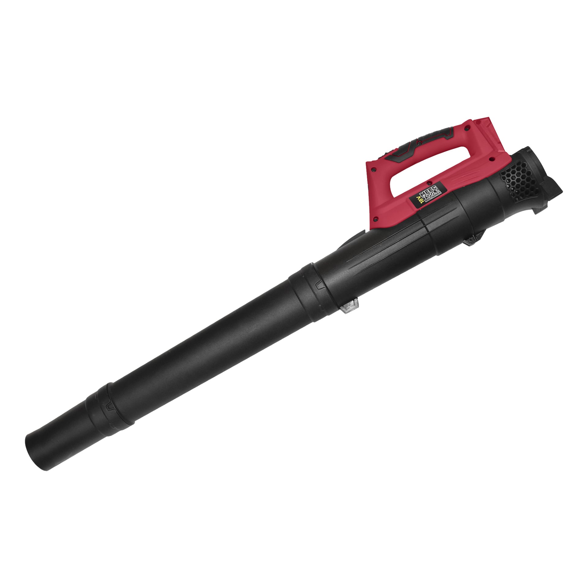 Meec Tools Multiseries -paristokäyttöinen lehtipuhallin LB-18V EASY 100 on kuvassa vinottain, suutin suunnattuna vasemmalle alakulmalle ja kahva sekä moottori oikealle yläkulmalle.