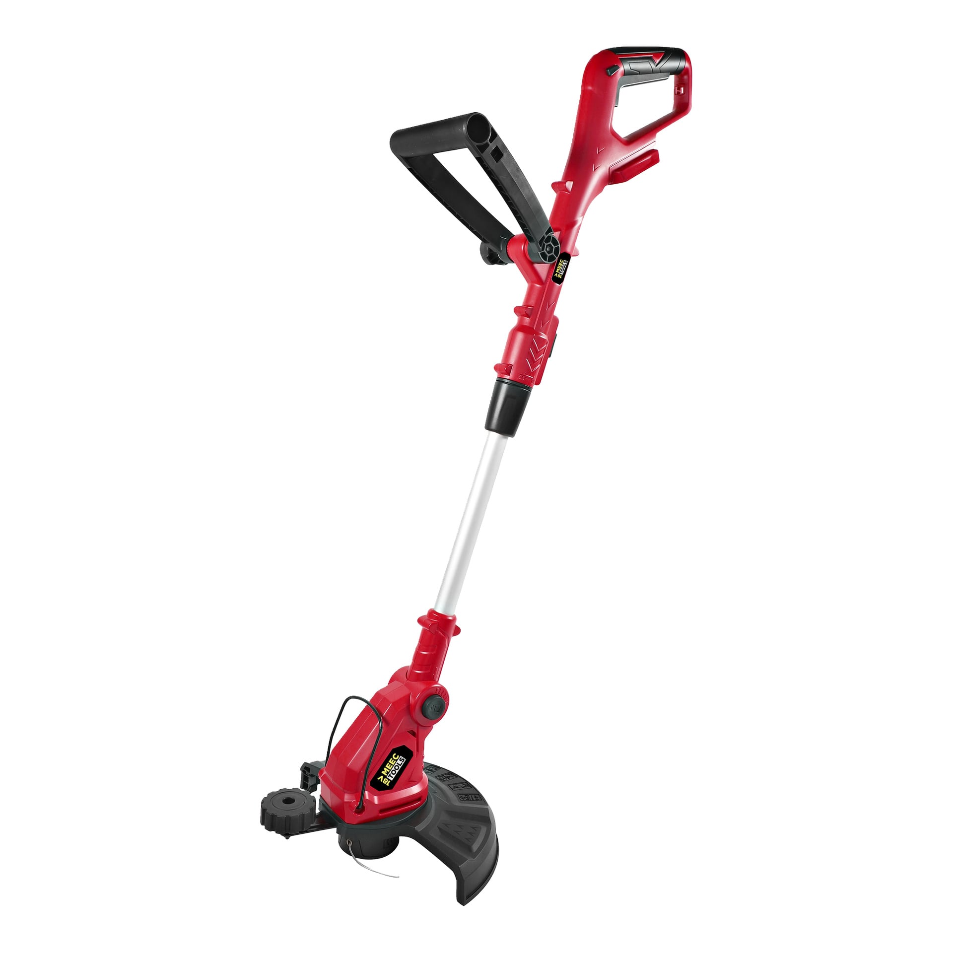 Meec Tools Multiseries GT-18V HOME 500 är en sladdlös elektrisk grästrimmer i rött och svart, utrustad med justerbart handtag och teleskopskaft för att effektivt trimma gräs och ogräs i trädgårdar eller trädgårdar.