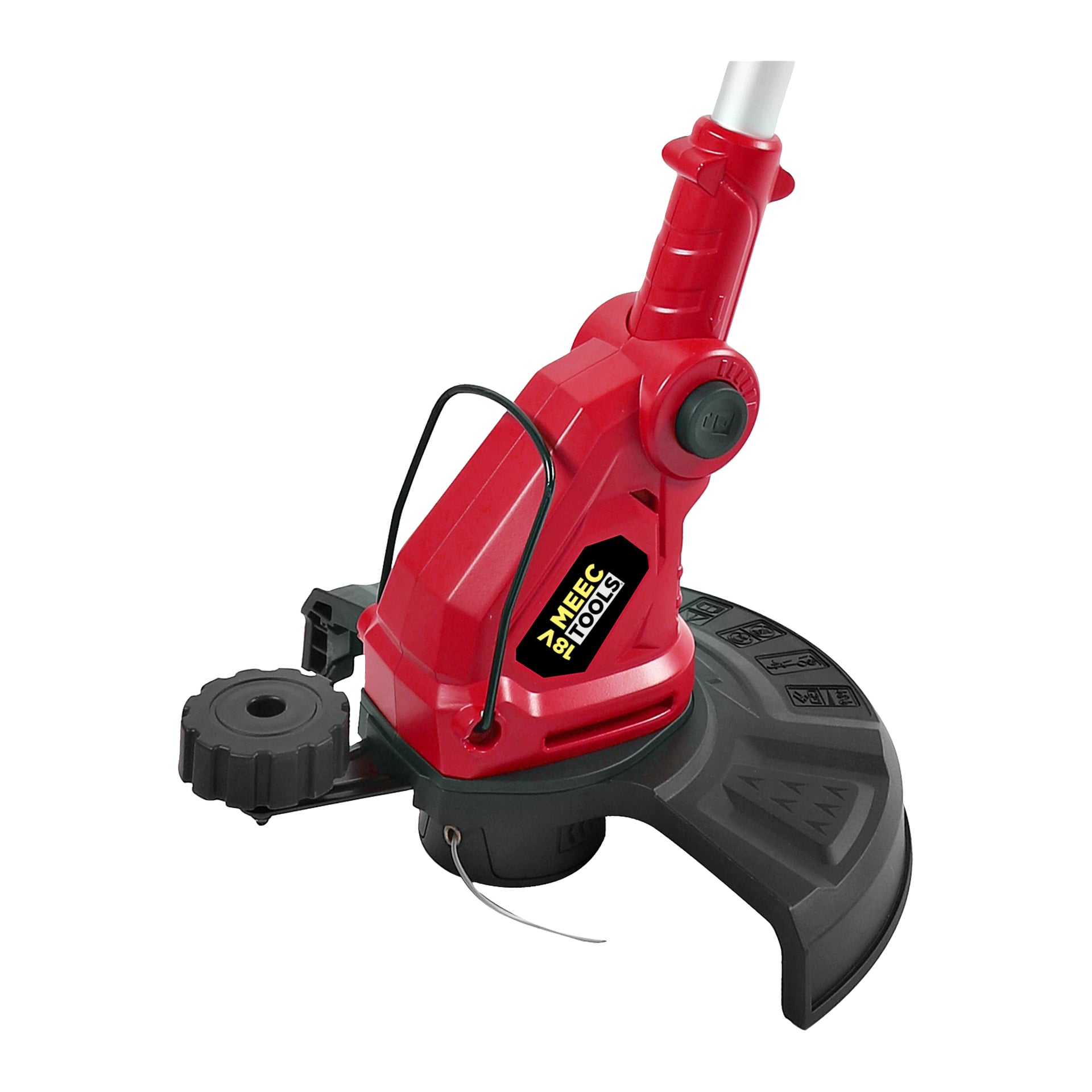 Närbild på en röd och svart Meec Tools Multiseries GT-18V HOME 500 batteridriven grästrimmer, som visar handtaget, skyddsskyddet, justeringsratten och synliga klipplinan.