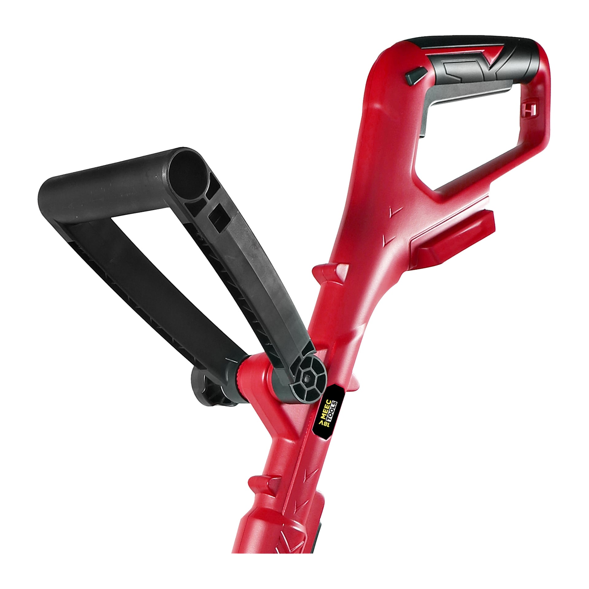 Närbild på det röda och svarta plasthandtaget och det justerbara hjälphandtaget på Meec Tools Multiseries batteridrivna grästrimmer GT-18V HOME 500.