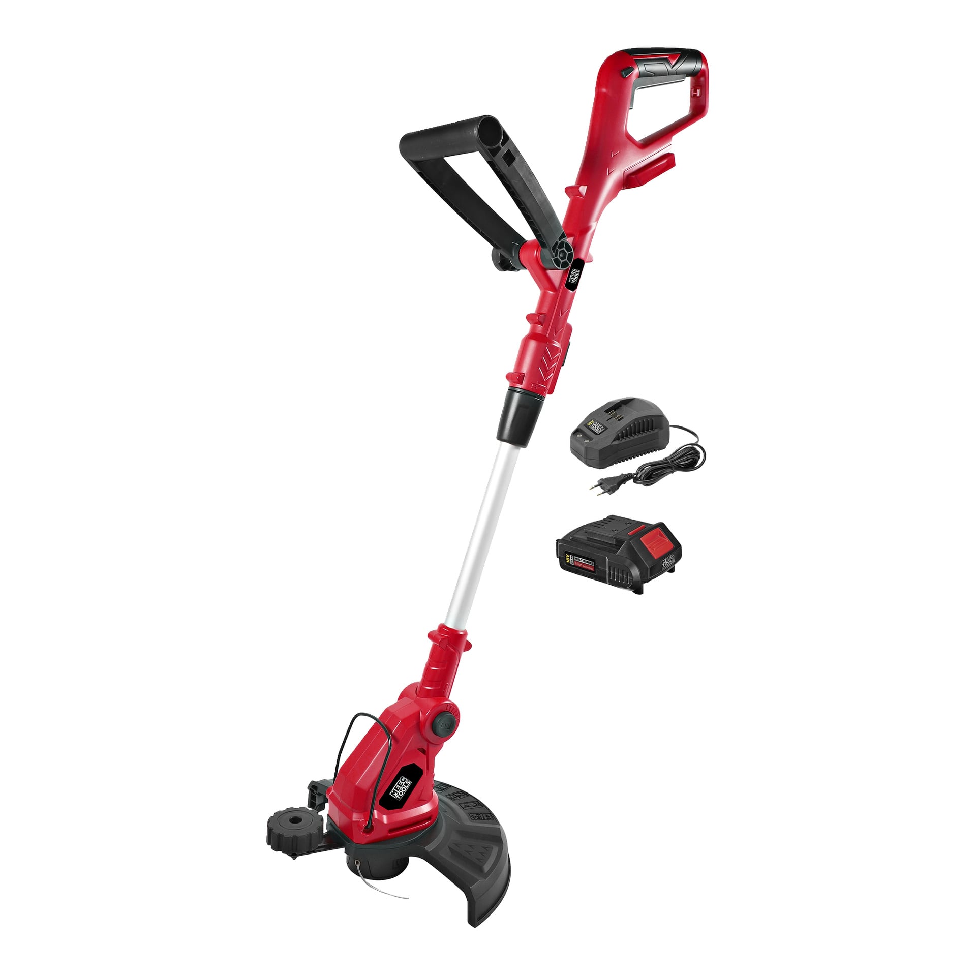Ett batteridrivet grästrimmerkit från Meec Tools Multiseries GT-18V HOME 500 med röd sladdlös kaross, svart handtag och skydd, silverfärgad axel och två separata batteriladdare.